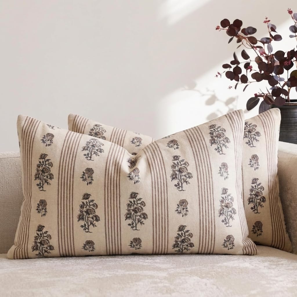 Amor Virisso Floral Throw Pillow Covers 20x20 Set of 2 Block Print Pillow Covers Neutral Floral Striped Farmhouse Decorative Pillow Covers for Sofa Couch Bed, Brown