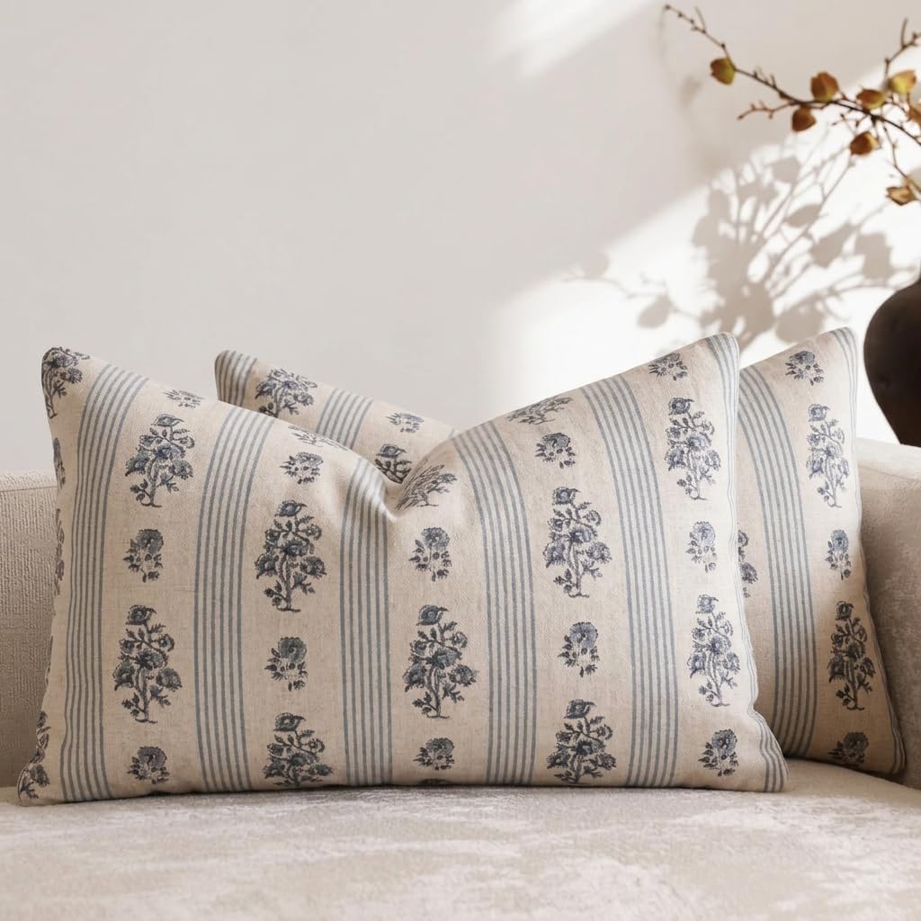 Amor Virisso Floral Throw Pillow Covers 20x20 Set of 2 Block Print Pillow Covers Neutral Floral Striped Farmhouse Decorative Pillow Covers for Sofa Couch Bed, Brown