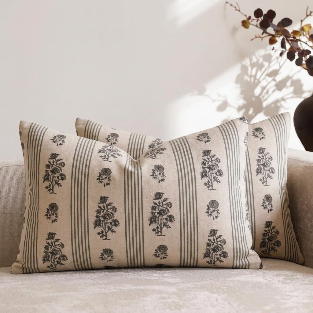 Amor Virisso Floral Throw Pillow Covers 20x20 Set of 2 Block Print Pillow Covers Neutral Floral Striped Farmhouse Decorative Pillow Covers for Sofa Couch Bed, Brown