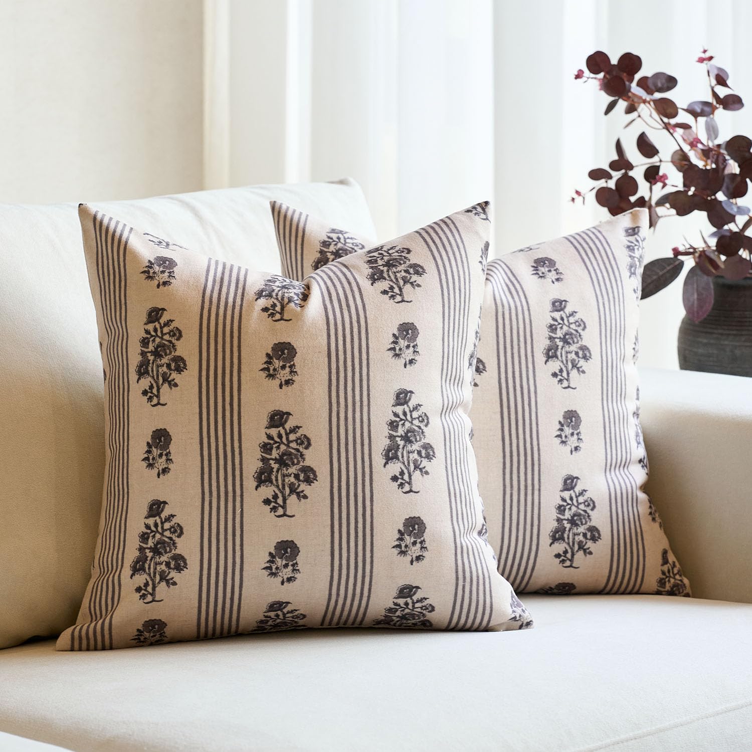 Amor Virisso Floral Throw Pillow Covers 20x20 Set of 2 Block Print Pillow Covers Neutral Floral Striped Farmhouse Decorative Pillow Covers for Sofa Couch Bed, Brown