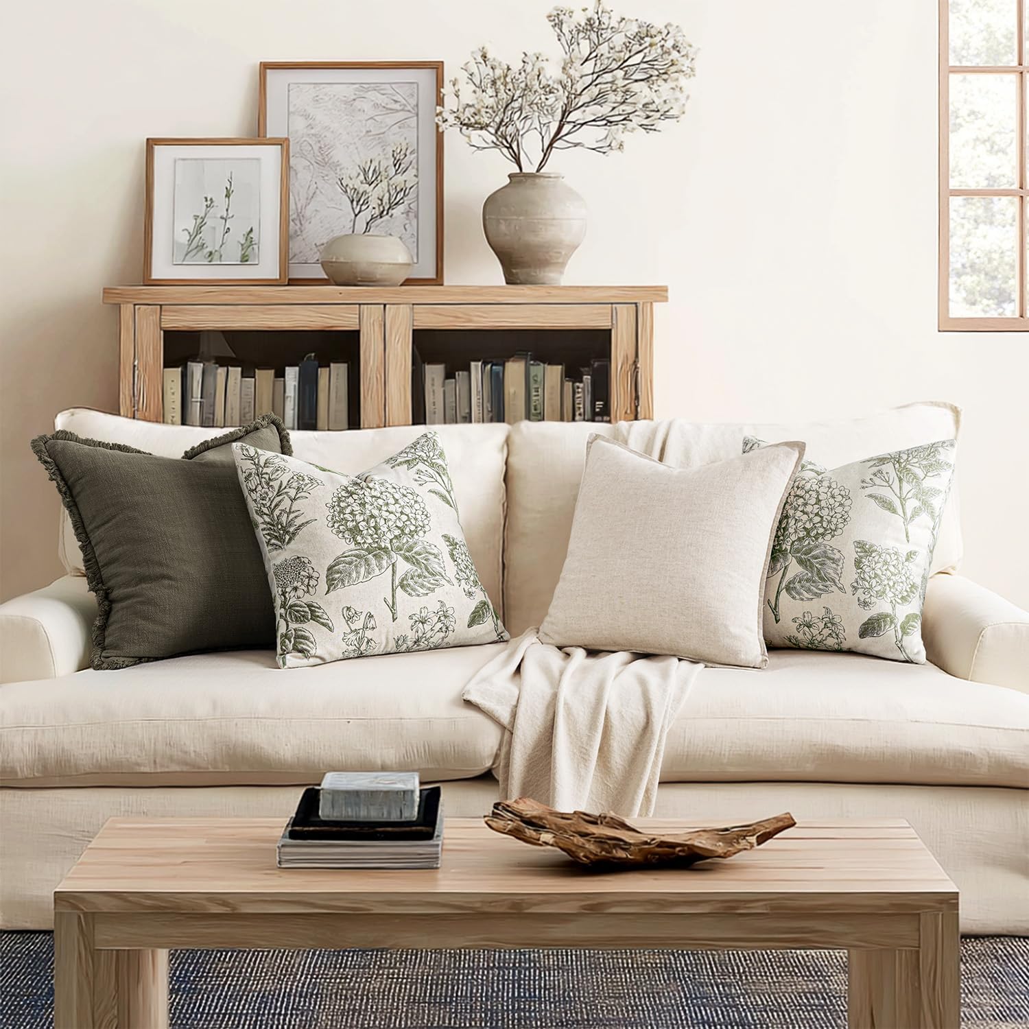 Set of 2 Decorative Floral Neutral Pillow Covers 20x20 Inch Light Green Hydrangea Print Spring Farmhouse Boho Vintage Throw Cushion Covers for Sofa Couch Porch Bedroom Living Room Home Decor