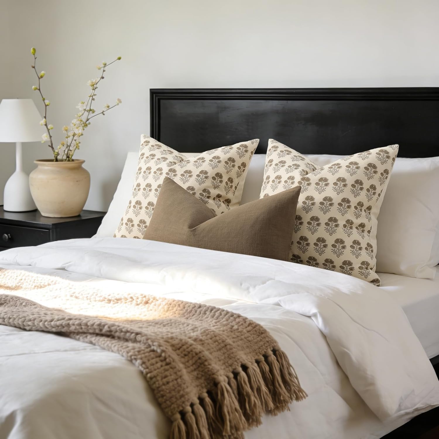 Farmhouse Floral Pillow Covers 26x26 Set of 2, Country Botanical Throw Pillow Cover for Sofa Couch Bed Living Room, Rustic Vintage Flower Cushion Covers Cottage Home Decor,Vintage Walnut