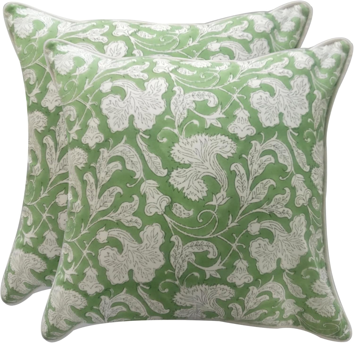 Ridhi Block Print Asparagus Green Pillow Cover 18" x 18" (Pack of 2) Decorative Couch Pillows for Living Room, Chic Boho Cute Outdoor Pillows Covers Gifts for Spring, Easter and Valentine