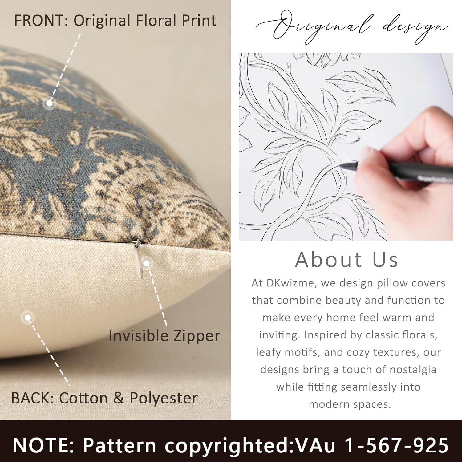 Vintage Floral Print Throw Pillow Covers 24x24 Set of 2 Neutral Modern Farmhouse Pillowcases Accent Decorative Cushion Covers Boho Home Decor for Couch Sofa Chair Bed Living Room, Dusty Blue