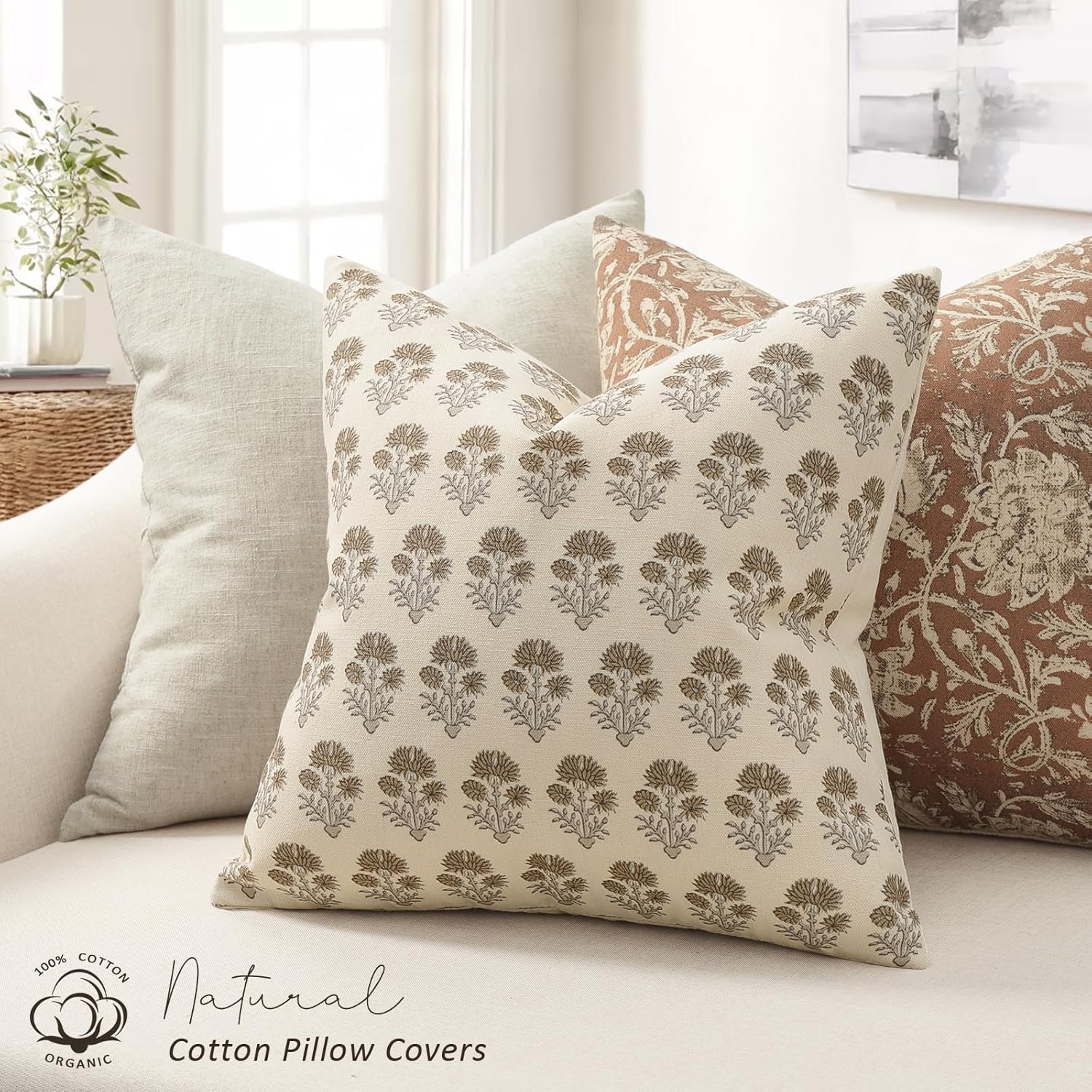 Farmhouse Floral Pillow Covers 26x26 Set of 2, Country Botanical Throw Pillow Cover for Sofa Couch Bed Living Room, Rustic Vintage Flower Cushion Covers Cottage Home Decor,Vintage Walnut