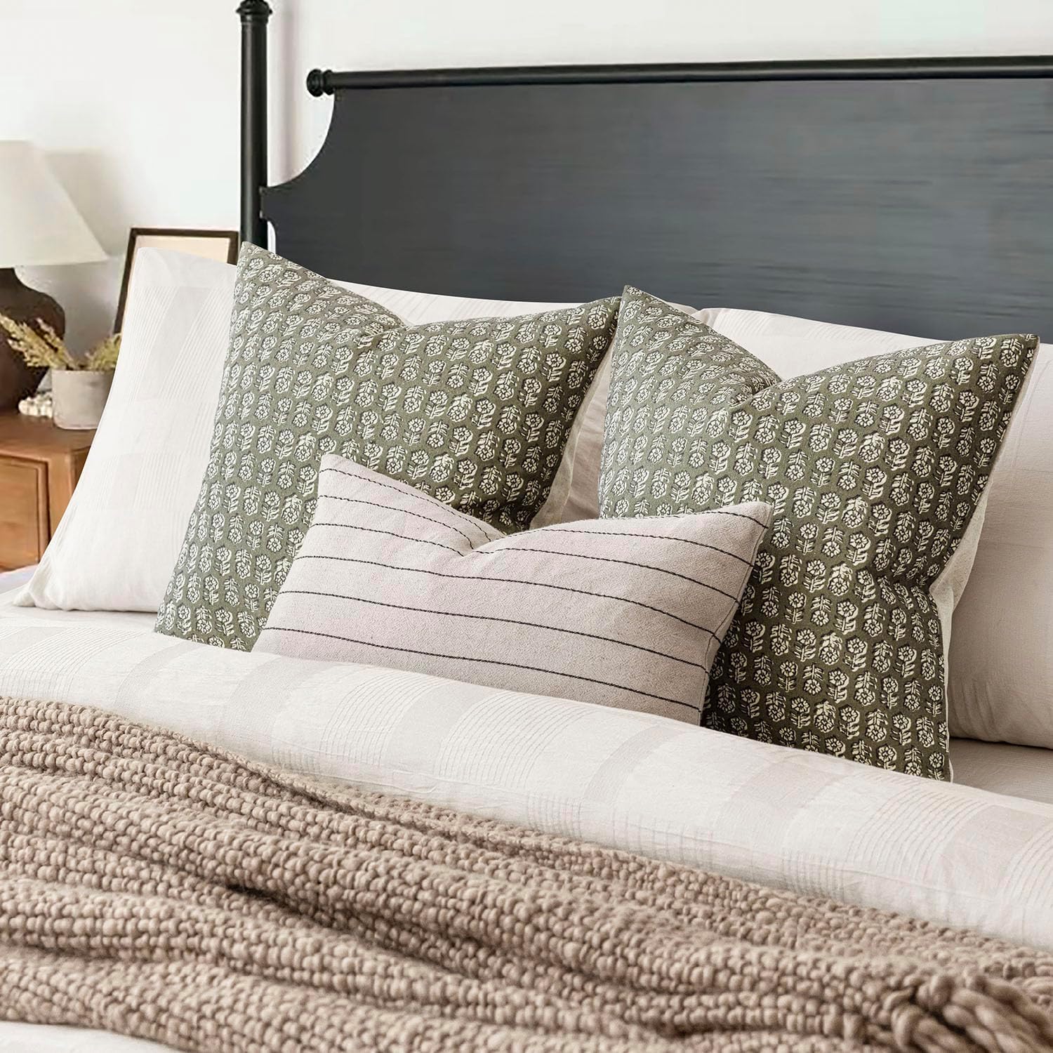 Foindtower Set of 2 Decorative Vintage Floral Print Throw Pillow Covers Neutral Modern Farmhouse Cushion Covers Boho Home Decor for Sofa Couch Chair Bedroom Living Room,24×24 Inch,Sage Green