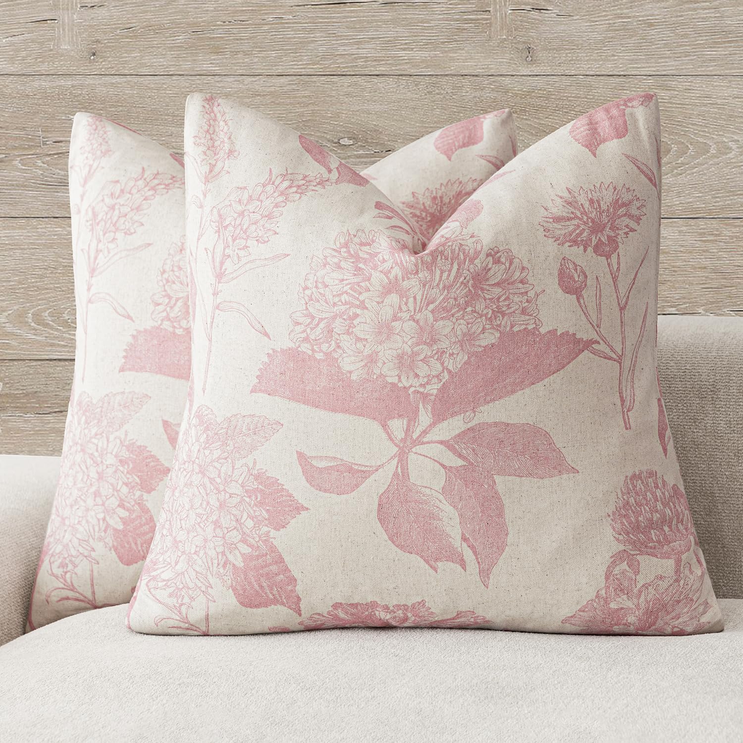 Foindtower Set of 2 Linen Floral Vintage Throw Pillow Covers Neutral Accent Print Decorative Cushion Covers Farmhouse Boho Home Decor for Sofa Chair Couch Bedroom Living Room,22×22 Inch,Blue