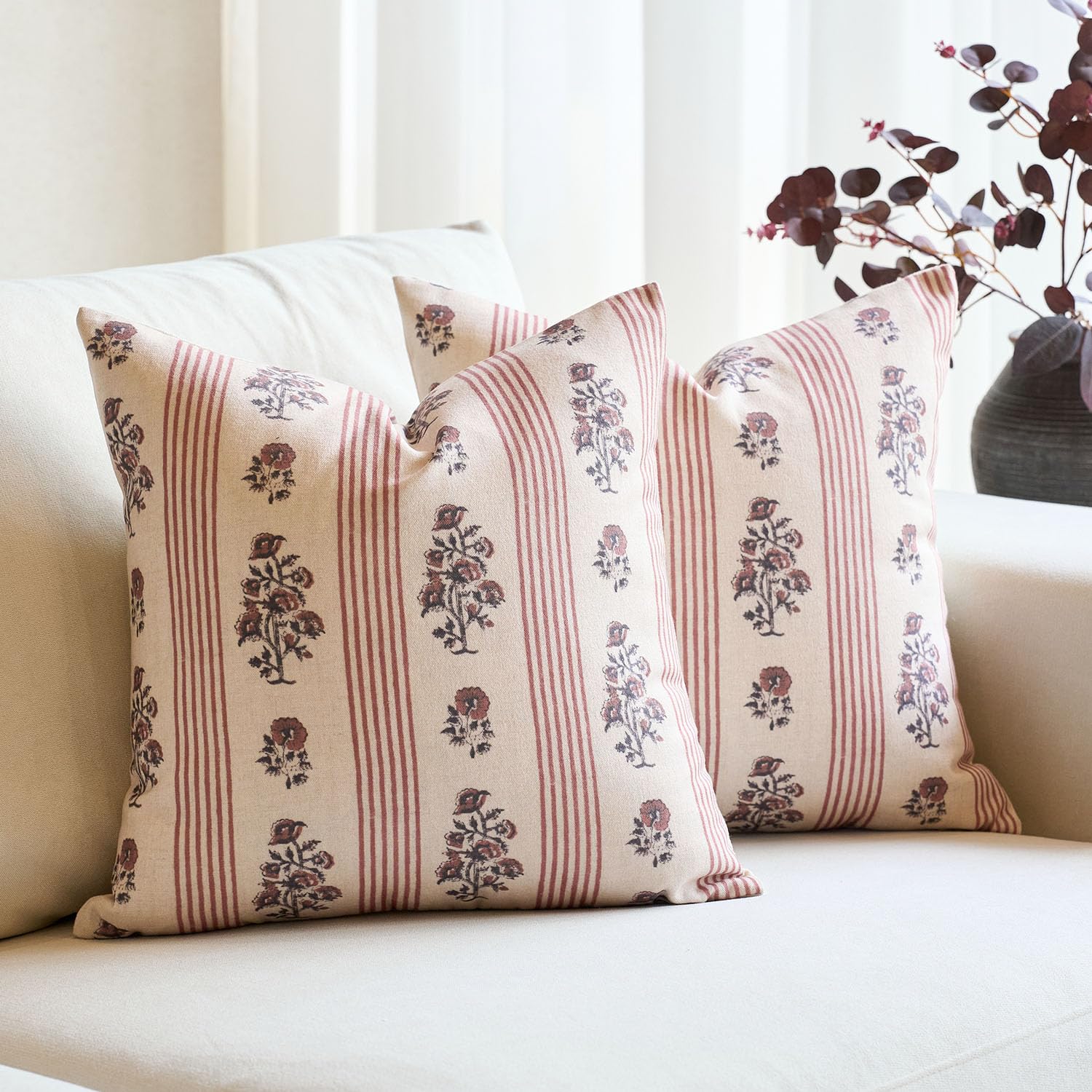 Amor Virisso Floral Throw Pillow Covers 20x20 Set of 2 Block Print Pillow Covers Neutral Floral Striped Farmhouse Decorative Pillow Covers for Sofa Couch Bed, Brown