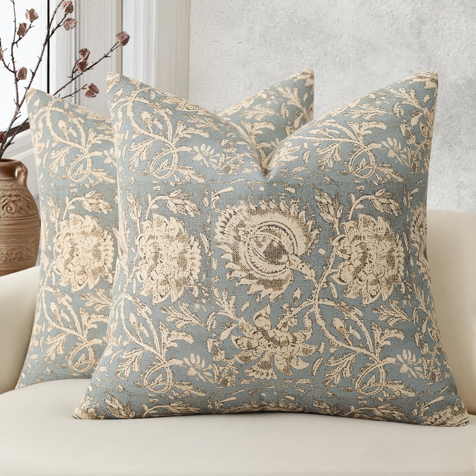 Vintage Floral Print Throw Pillow Covers 24x24 Set of 2 Neutral Modern Farmhouse Pillowcases Accent Decorative Cushion Covers Boho Home Decor for Couch Sofa Chair Bed Living Room, Dusty Blue