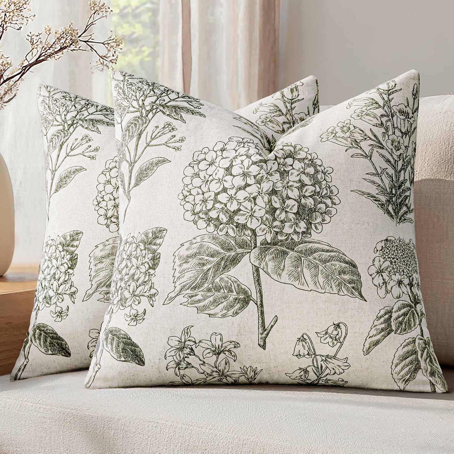 Set of 2 Decorative Floral Neutral Pillow Covers 20x20 Inch Light Green Hydrangea Print Spring Farmhouse Boho Vintage Throw Cushion Covers for Sofa Couch Porch Bedroom Living Room Home Decor
