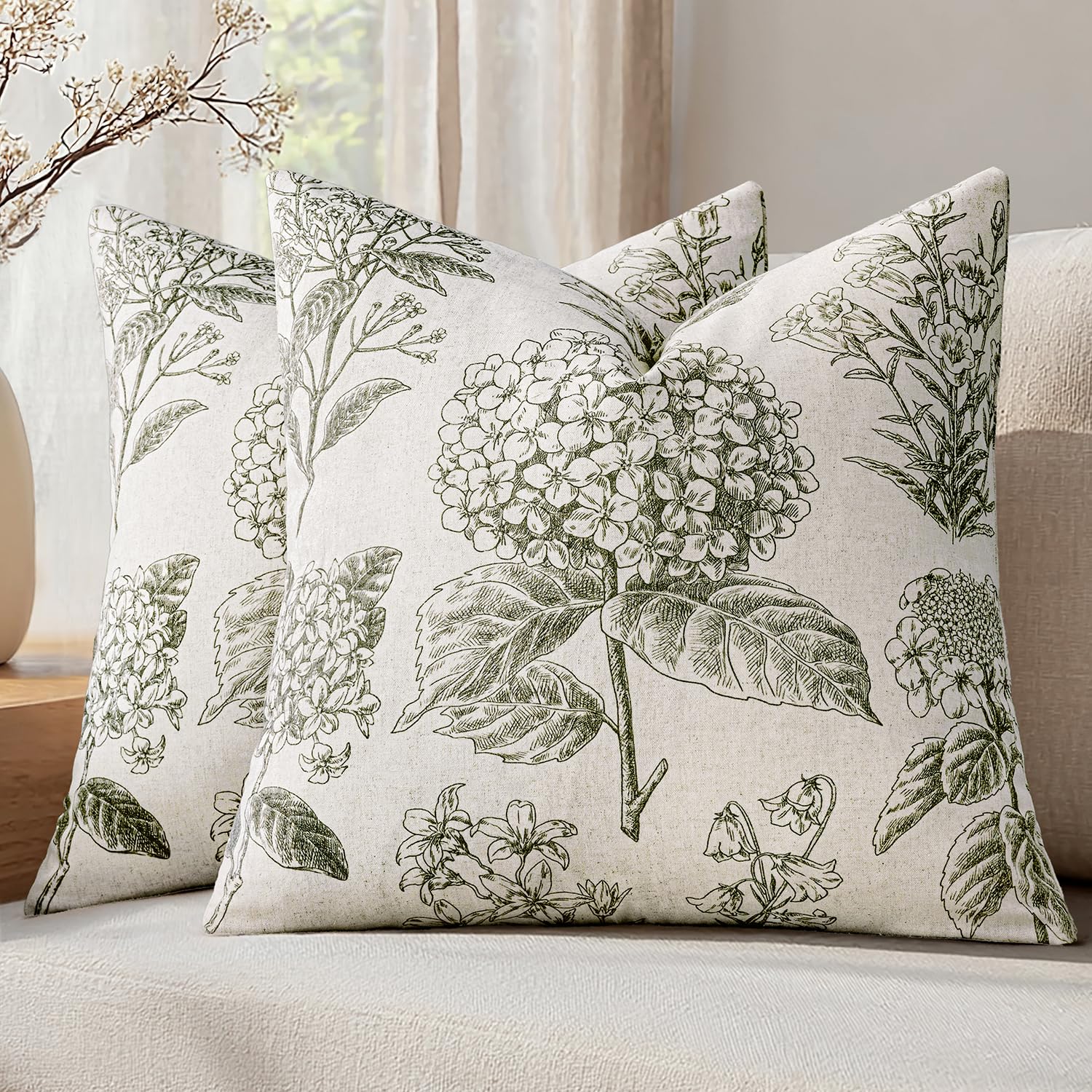 Set of 2 Decorative Floral Neutral Pillow Covers 20x20 Inch Light Green Hydrangea Print Spring Farmhouse Boho Vintage Throw Cushion Covers for Sofa Couch Porch Bedroom Living Room Home Decor