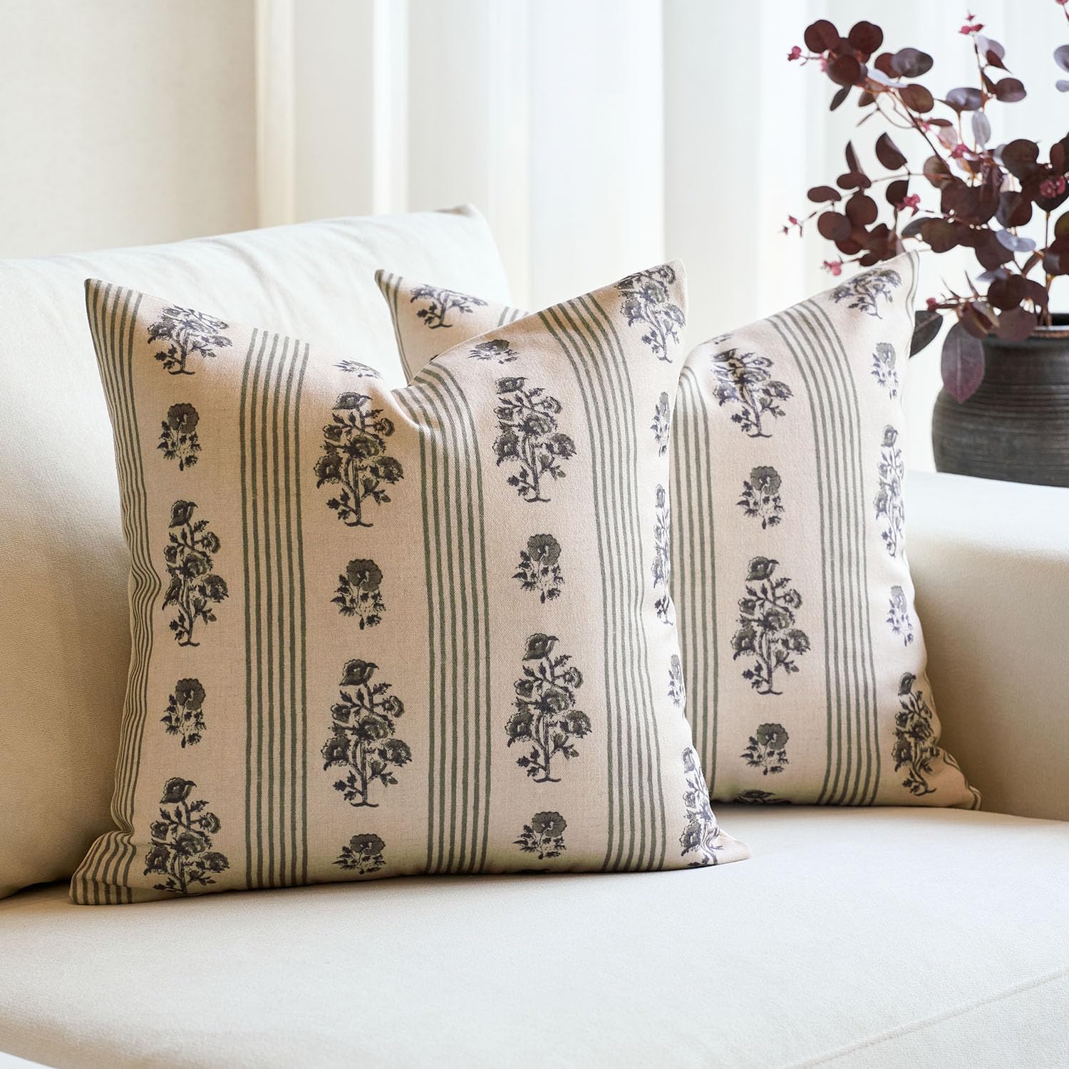 Amor Virisso Floral Throw Pillow Covers 20x20 Set of 2 Block Print Pillow Covers Neutral Floral Striped Farmhouse Decorative Pillow Covers for Sofa Couch Bed, Brown
