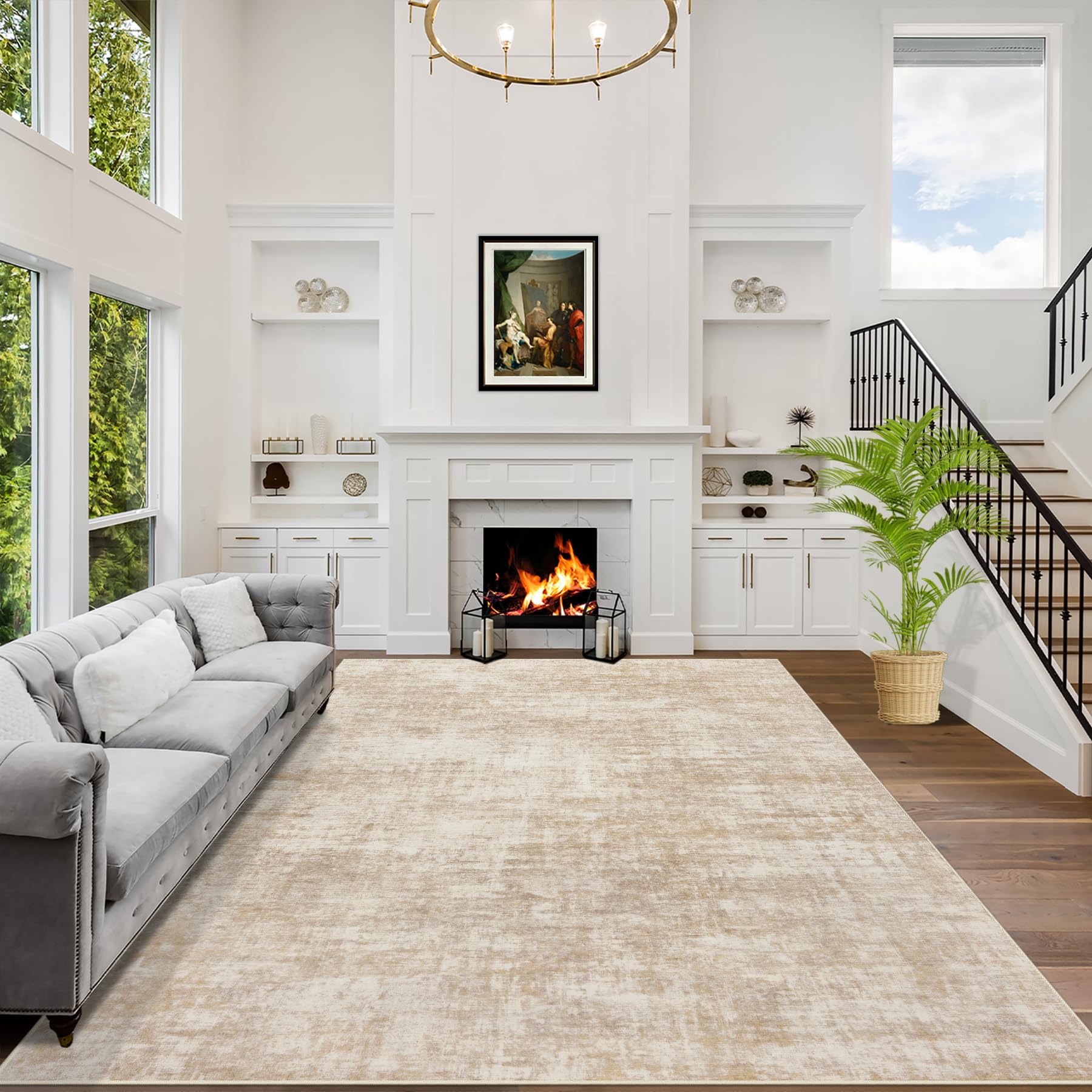 8x10 Area Rugs Washable Rug: Large Modern Abstract Living Room Rug Soft Anti-Skid Thin Carpet Indoor Floor Non-Shedding Carpets for Bedroom Dining Farmhouse Nursery Home Office Black Grey Gold