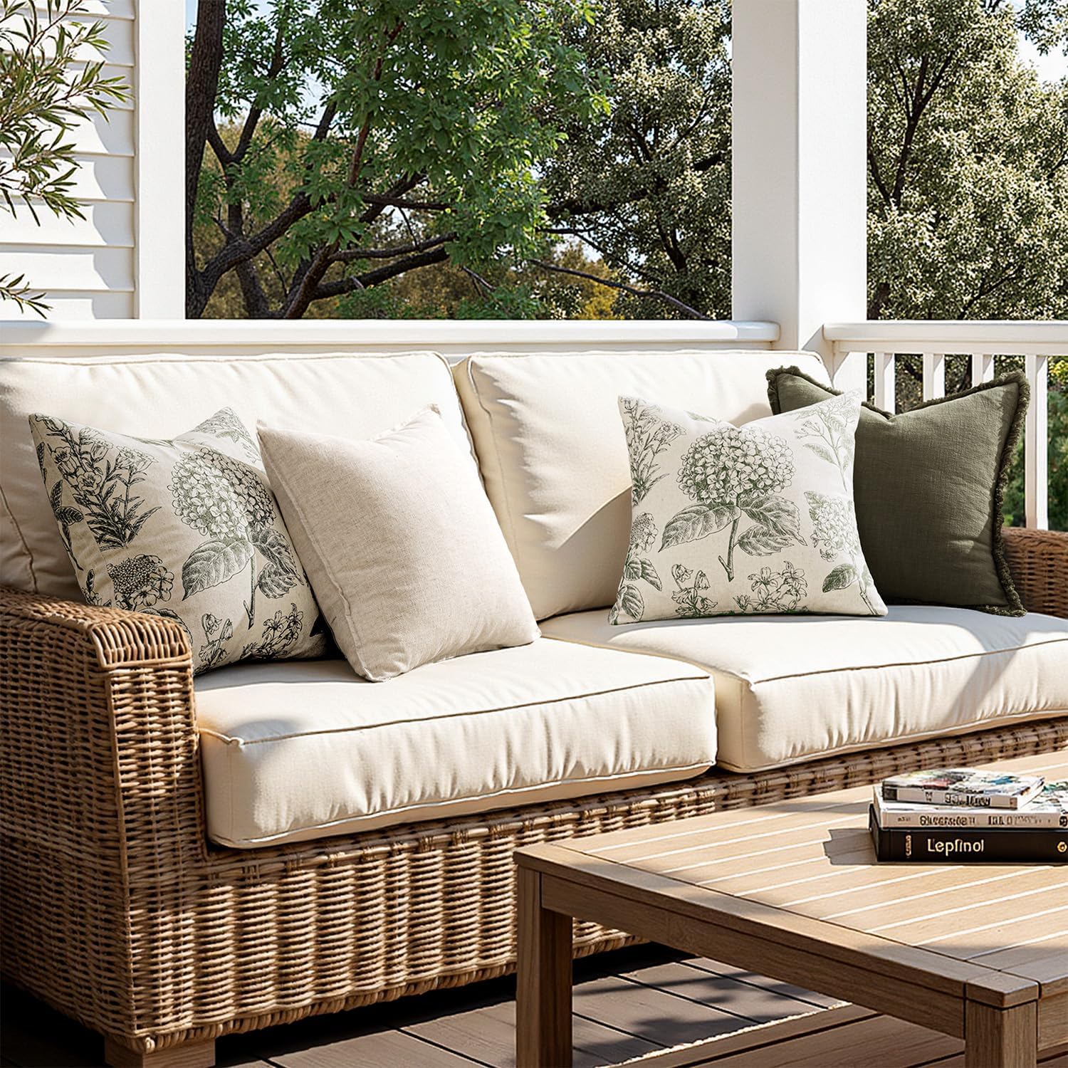 Set of 2 Decorative Floral Neutral Pillow Covers 20x20 Inch Light Green Hydrangea Print Spring Farmhouse Boho Vintage Throw Cushion Covers for Sofa Couch Porch Bedroom Living Room Home Decor