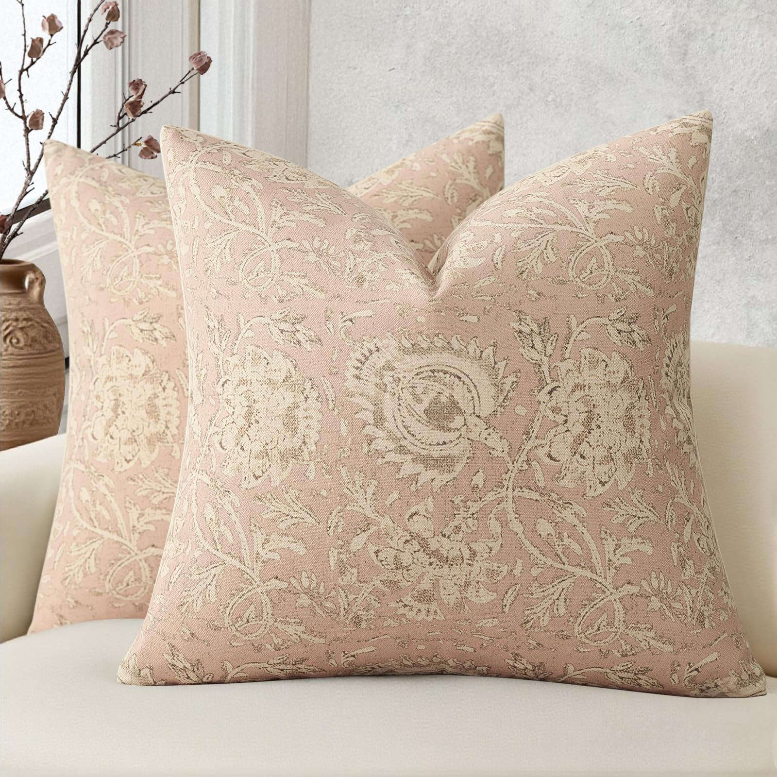 Vintage Floral Print Throw Pillow Covers 24x24 Set of 2 Neutral Modern Farmhouse Pillowcases Accent Decorative Cushion Covers Boho Home Decor for Couch Sofa Chair Bed Living Room, Dusty Blue