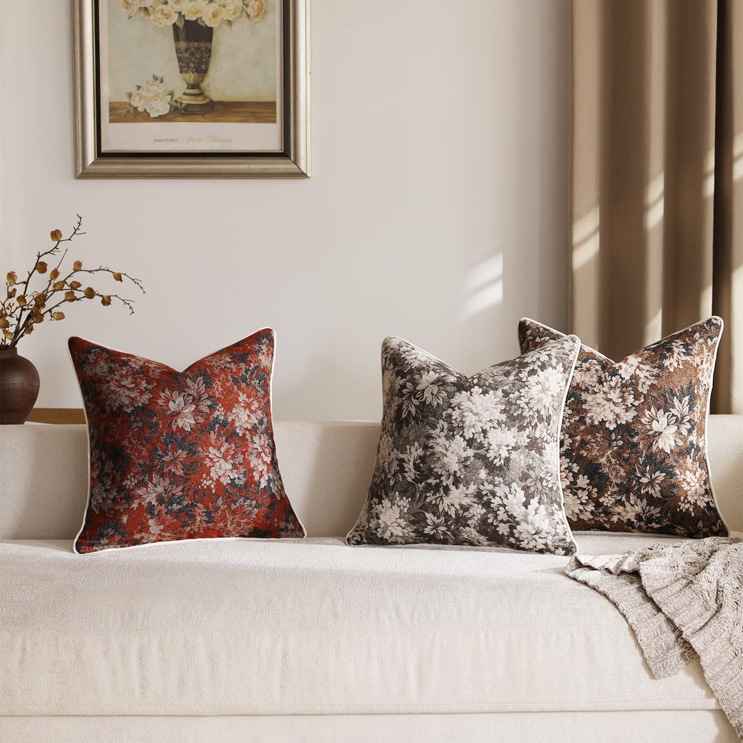 Pack of 2 Vintage Floral Throw Pillow Covers 20x20 Boho Farmhouse Accents Chenille Square Decorative Pillow Cases for Living Room Couch Bed Home Decor, Dark Brown