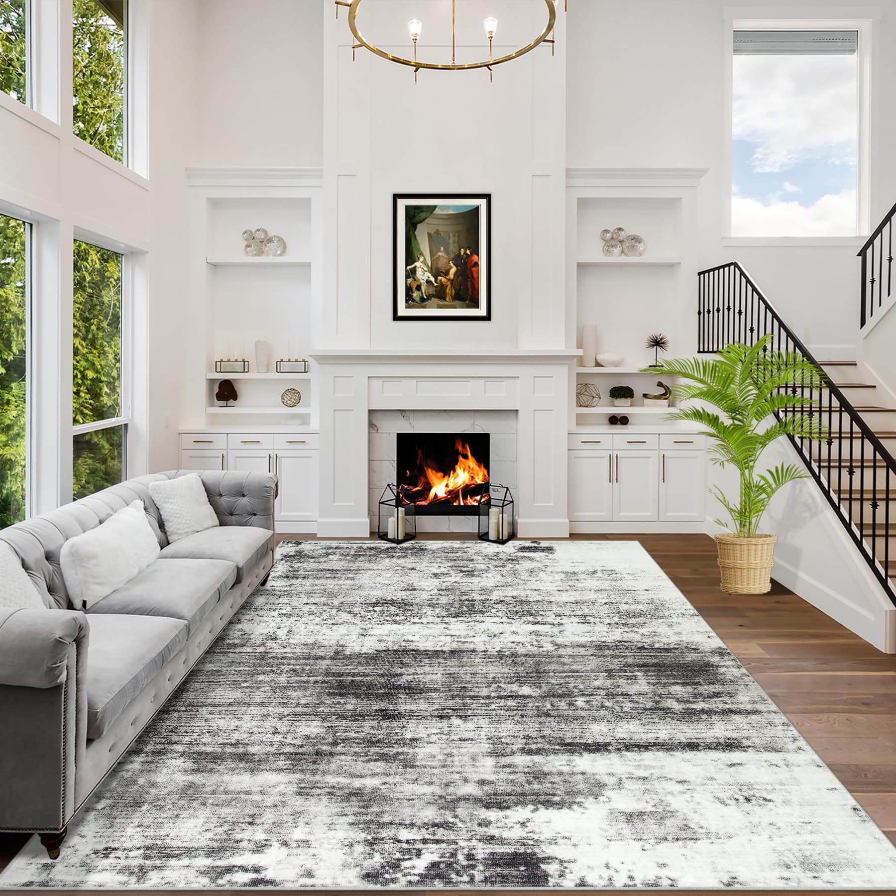 8x10 Area Rugs Washable Rug: Large Modern Abstract Living Room Rug Soft Anti-Skid Thin Carpet Indoor Floor Non-Shedding Carpets for Bedroom Dining Farmhouse Nursery Home Office Black Grey Gold