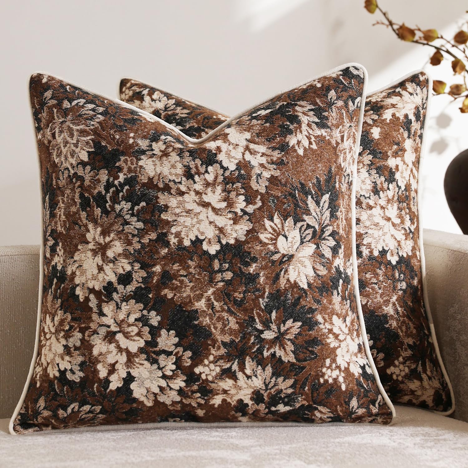 Pack of 2 Vintage Floral Throw Pillow Covers 20x20 Boho Farmhouse Accents Chenille Square Decorative Pillow Cases for Living Room Couch Bed Home Decor, Dark Brown