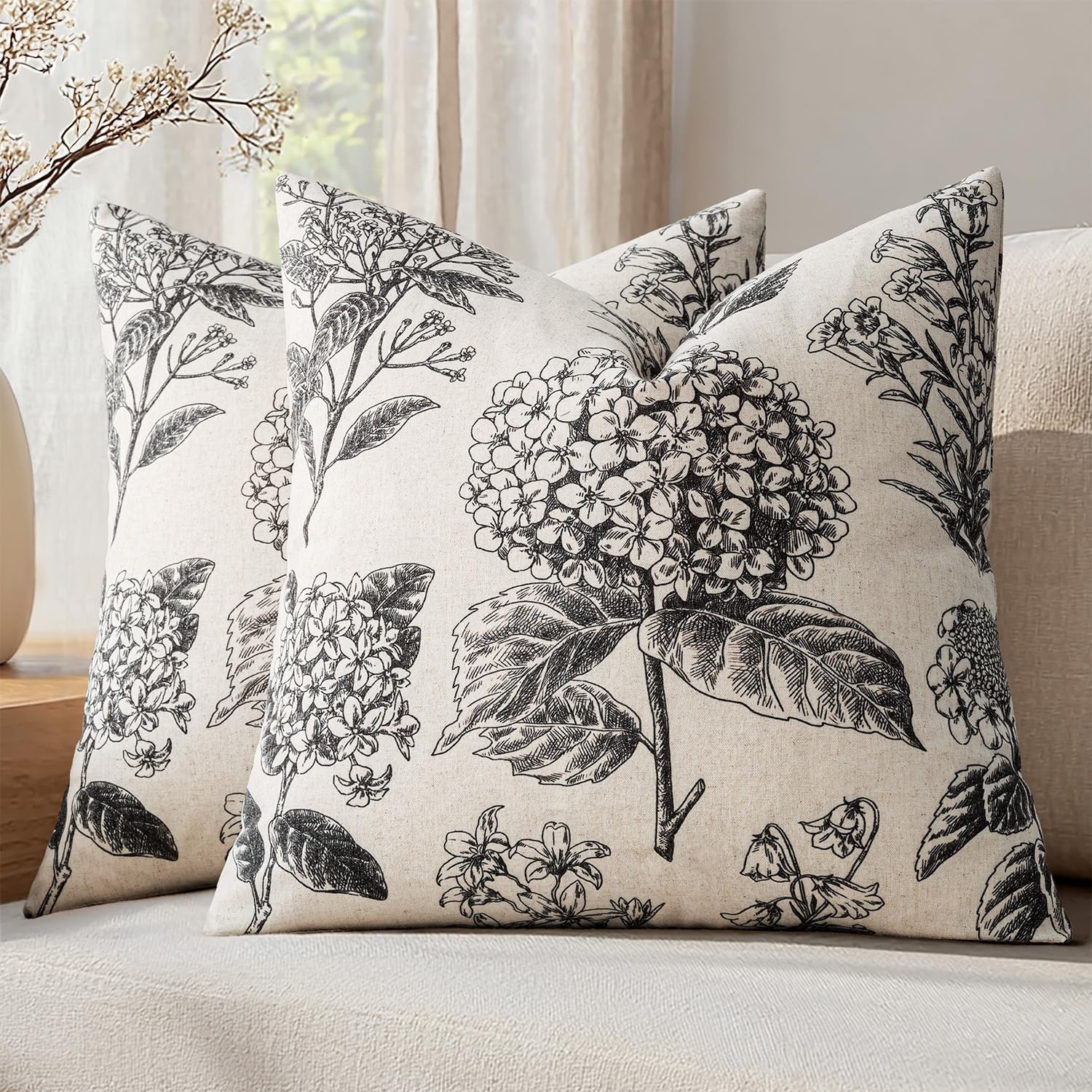 Set of 2 Decorative Floral Neutral Pillow Covers 20x20 Inch Light Green Hydrangea Print Spring Farmhouse Boho Vintage Throw Cushion Covers for Sofa Couch Porch Bedroom Living Room Home Decor