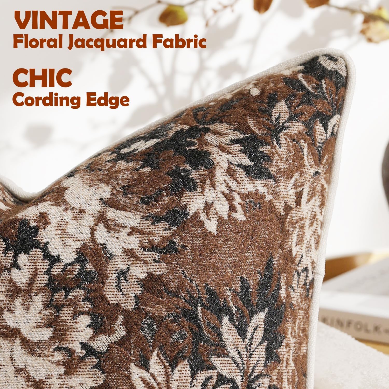 Pack of 2 Vintage Floral Throw Pillow Covers 20x20 Boho Farmhouse Accents Chenille Square Decorative Pillow Cases for Living Room Couch Bed Home Decor, Dark Brown
