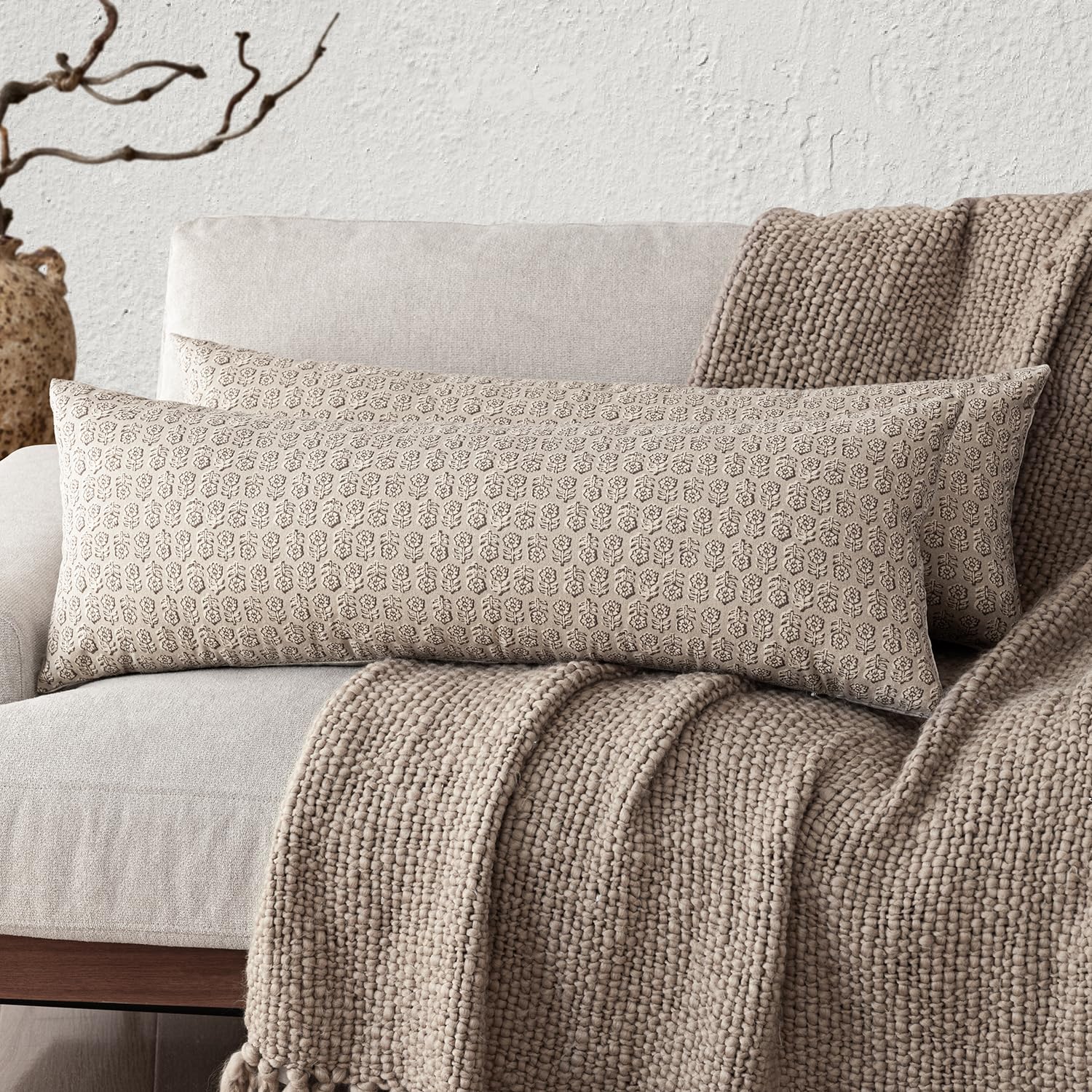 Foindtower Set of 2 Decorative Vintage Floral Print Throw Pillow Covers Neutral Modern Farmhouse Cushion Covers Boho Home Decor for Sofa Couch Chair Bedroom Living Room,24×24 Inch,Sage Green