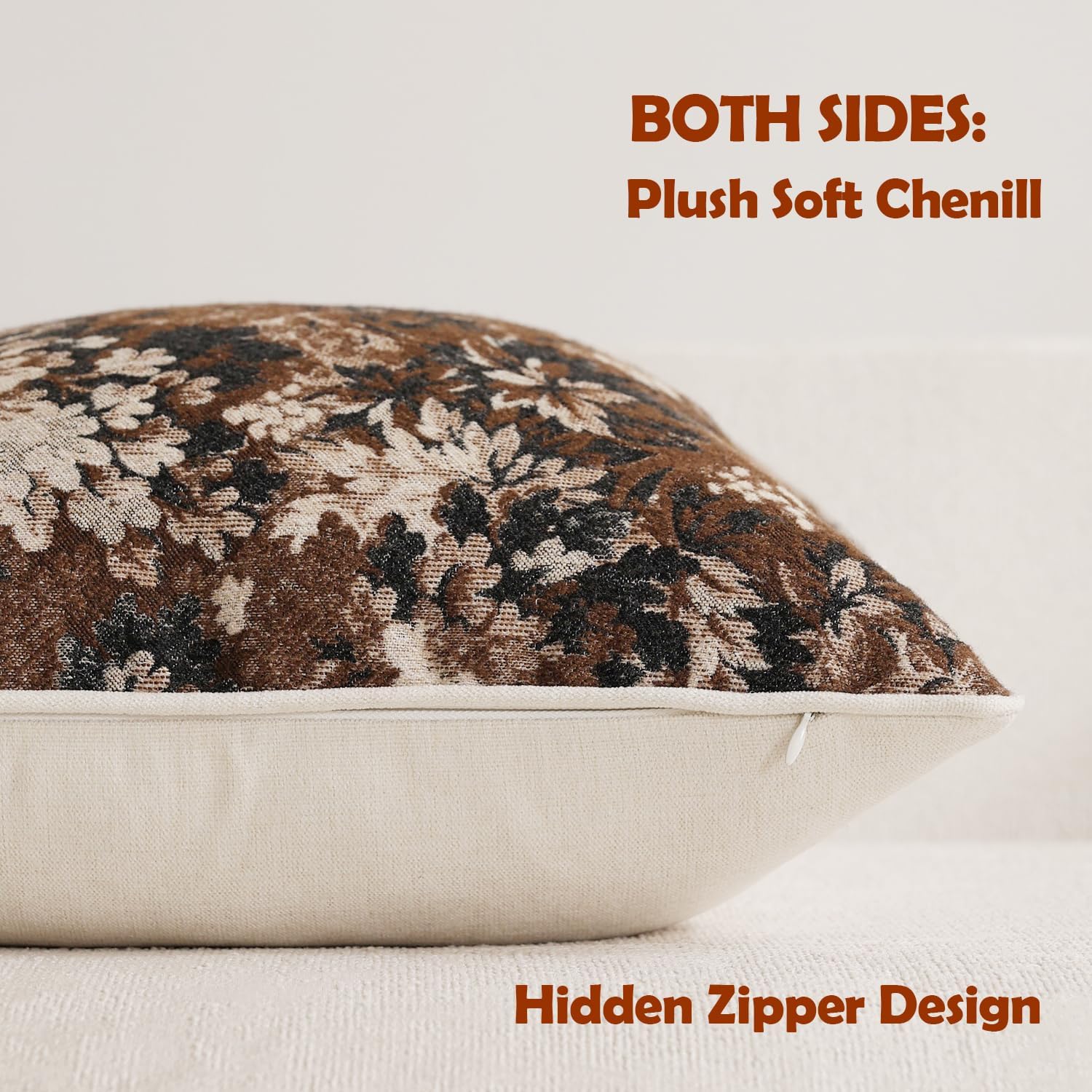Pack of 2 Vintage Floral Throw Pillow Covers 20x20 Boho Farmhouse Accents Chenille Square Decorative Pillow Cases for Living Room Couch Bed Home Decor, Dark Brown