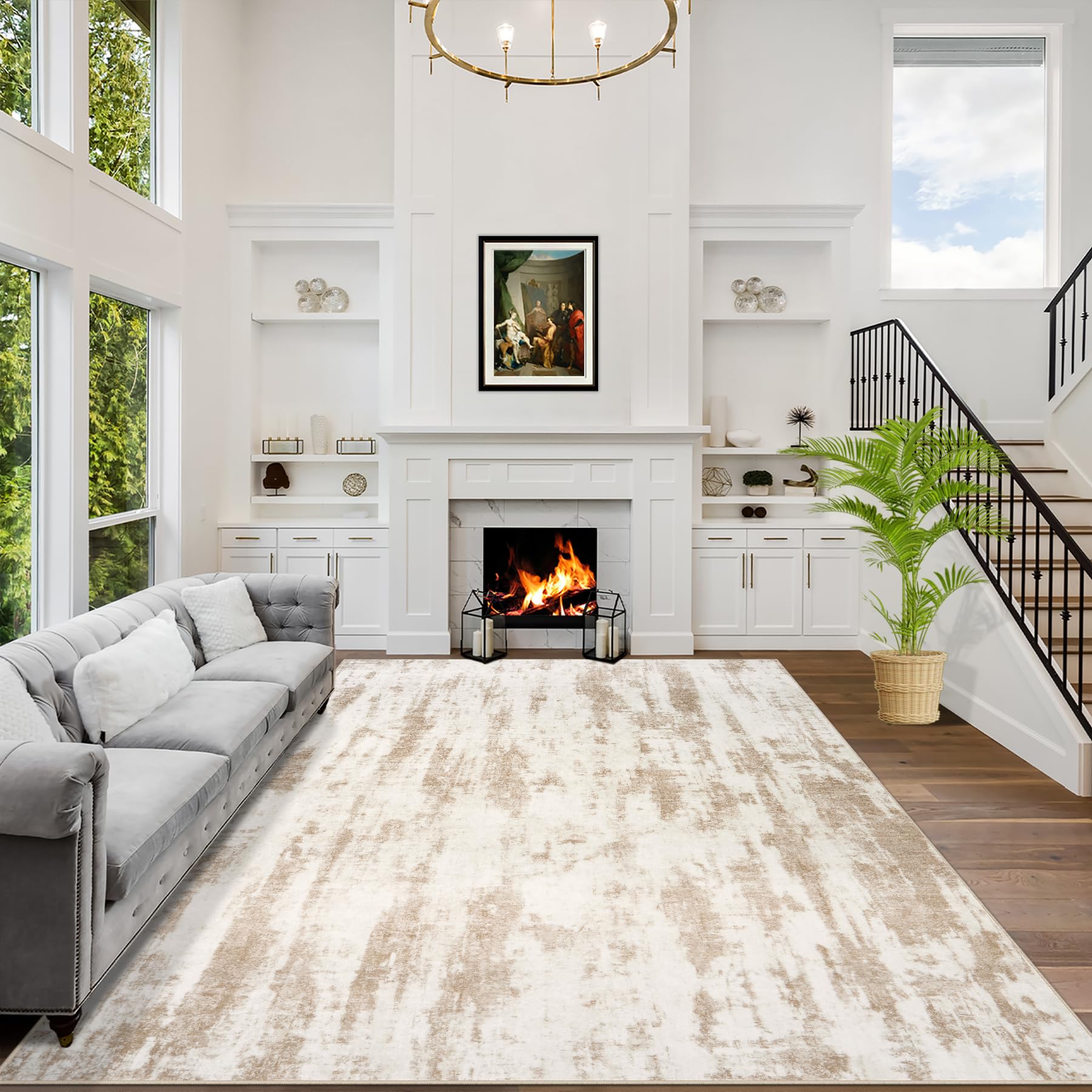 8x10 Area Rugs Washable Rug: Large Modern Abstract Living Room Rug Soft Anti-Skid Thin Carpet Indoor Floor Non-Shedding Carpets for Bedroom Dining Farmhouse Nursery Home Office Black Grey Gold