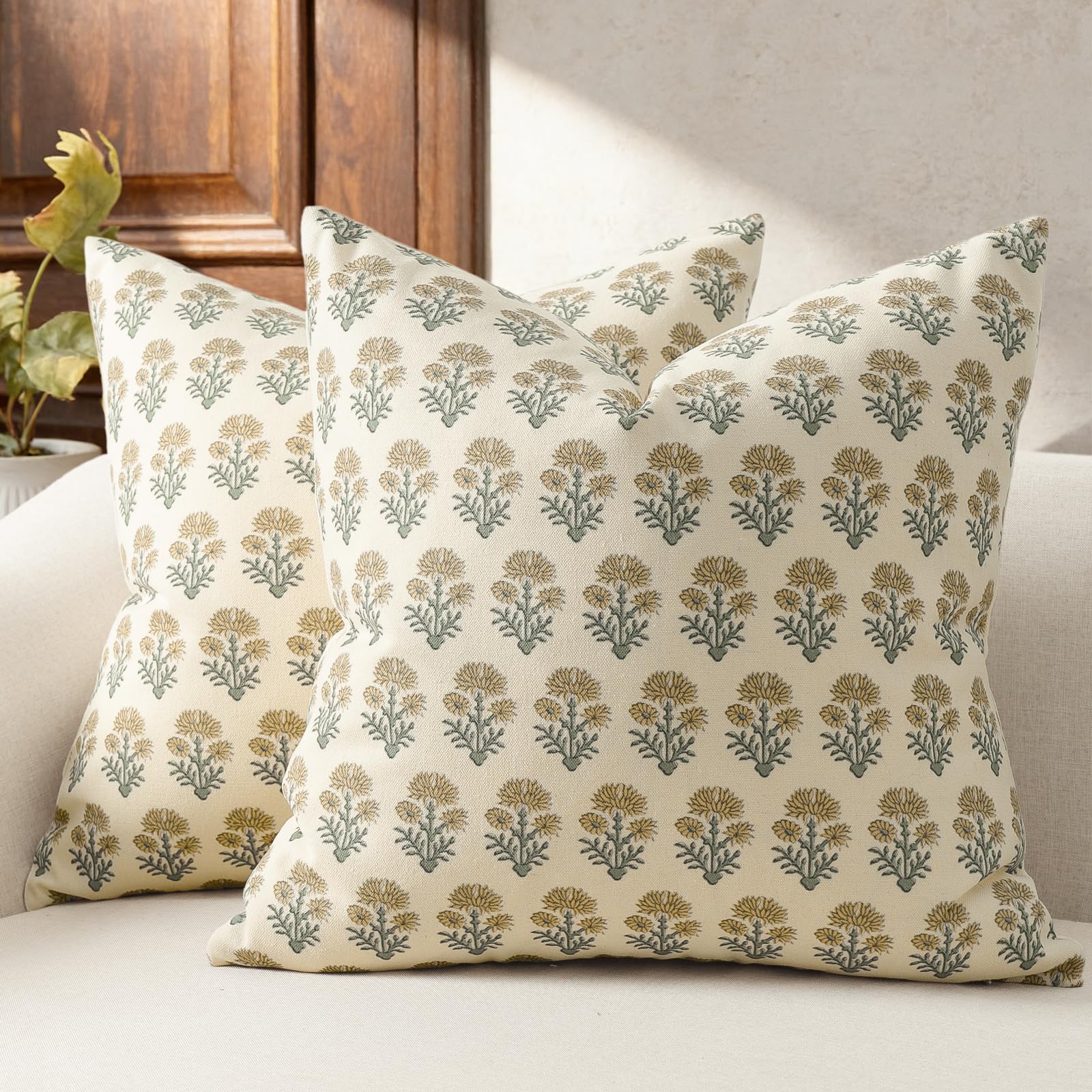 Farmhouse Floral Pillow Covers 26x26 Set of 2, Country Botanical Throw Pillow Cover for Sofa Couch Bed Living Room, Rustic Vintage Flower Cushion Covers Cottage Home Decor,Vintage Walnut