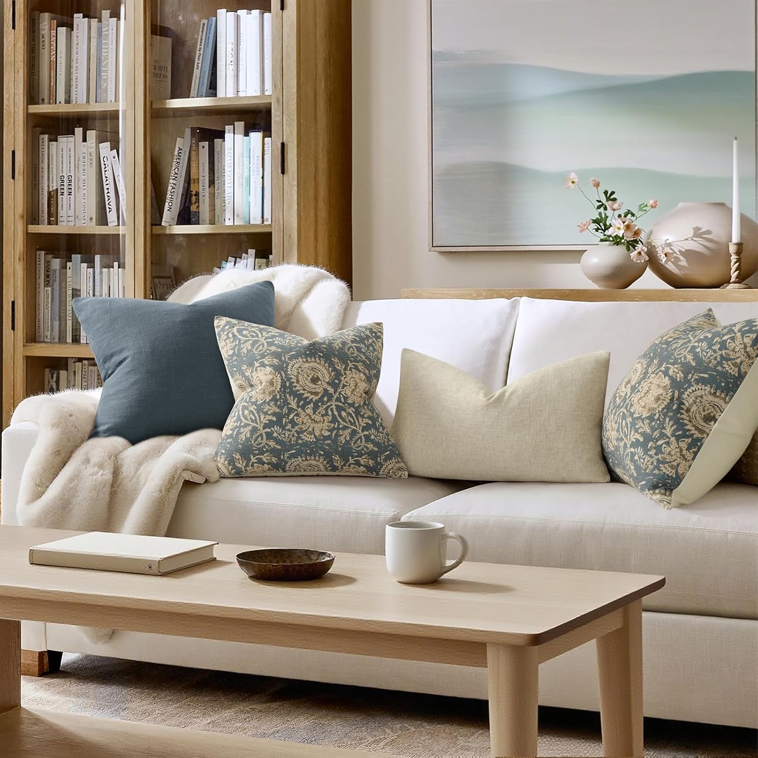 Vintage Floral Print Throw Pillow Covers 24x24 Set of 2 Neutral Modern Farmhouse Pillowcases Accent Decorative Cushion Covers Boho Home Decor for Couch Sofa Chair Bed Living Room, Dusty Blue