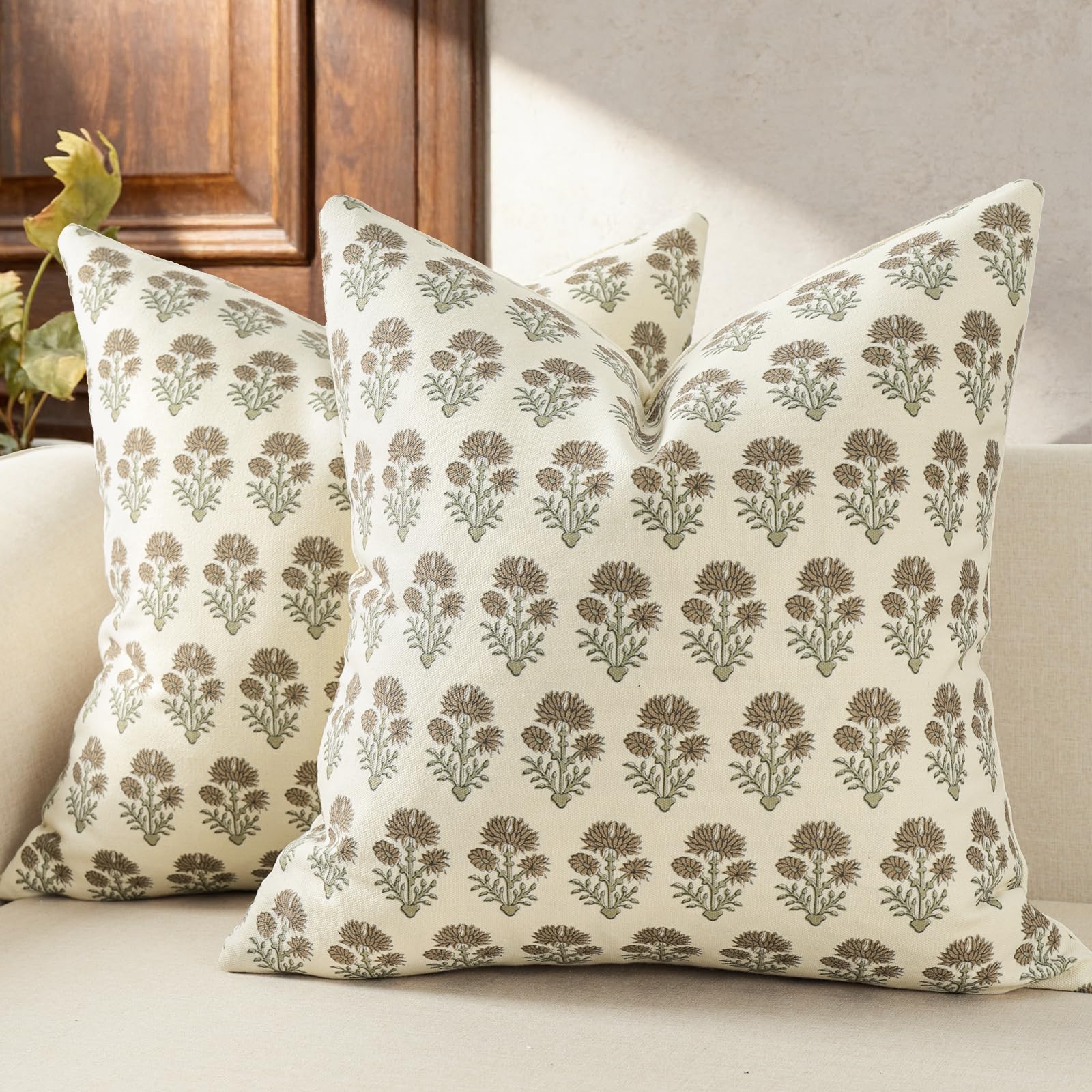 Farmhouse Floral Pillow Covers 26x26 Set of 2, Country Botanical Throw Pillow Cover for Sofa Couch Bed Living Room, Rustic Vintage Flower Cushion Covers Cottage Home Decor,Vintage Walnut