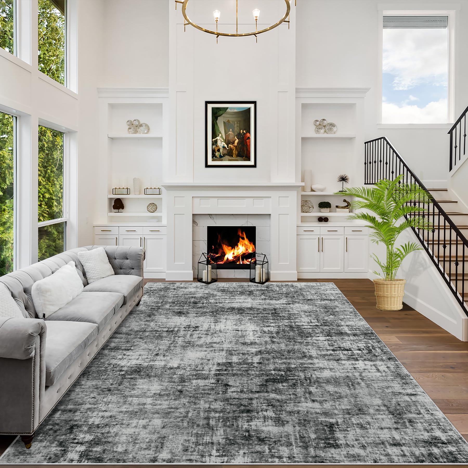 8x10 Area Rugs Washable Rug: Large Modern Abstract Living Room Rug Soft Anti-Skid Thin Carpet Indoor Floor Non-Shedding Carpets for Bedroom Dining Farmhouse Nursery Home Office Black Grey Gold