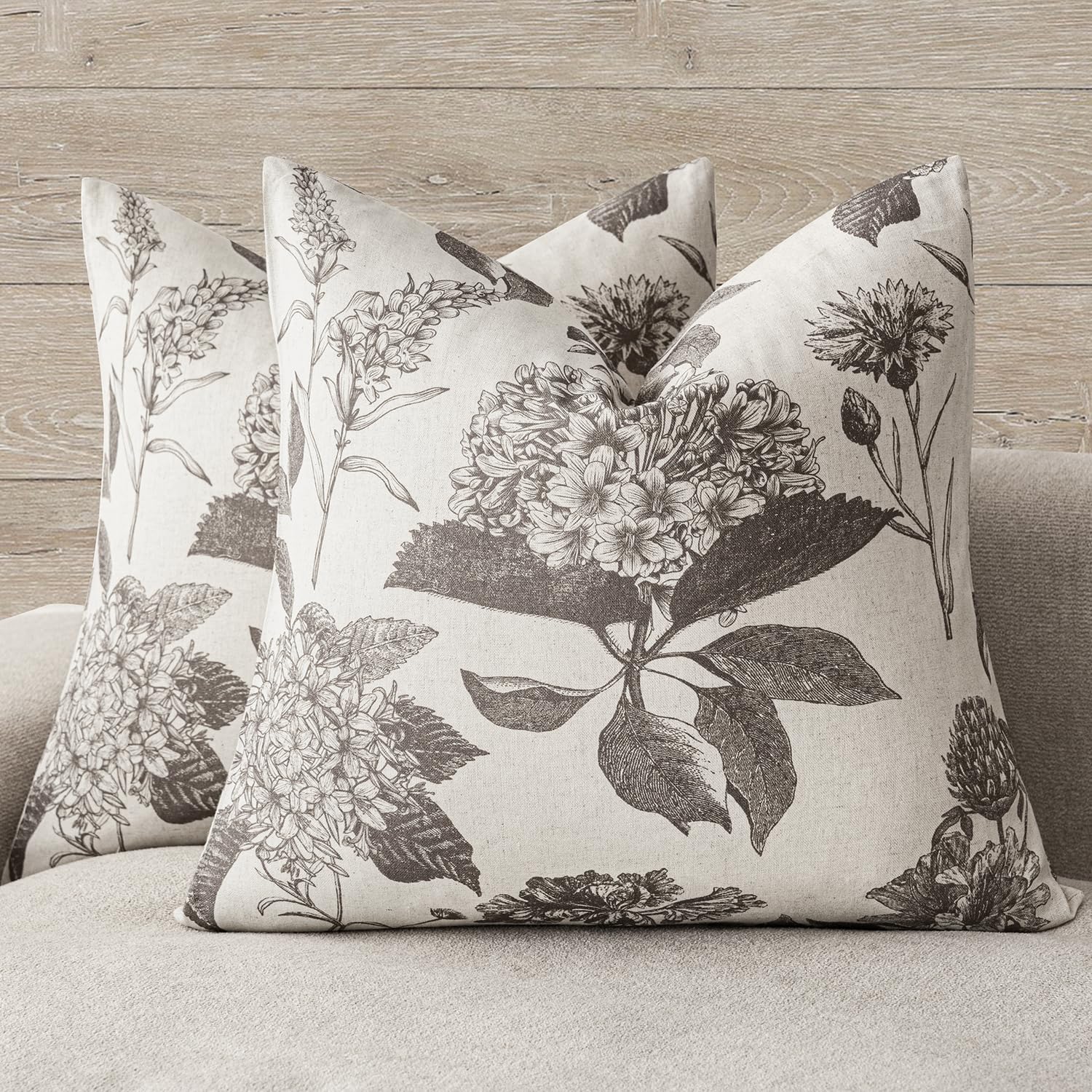 Foindtower Set of 2 Linen Floral Throw Pillow Covers Neutral Vintage Print Decorative Cushion Covers Farmhouse Boho Home Decor for Sofa Chair Couch Bedroom Living Room,22×22 Inch,Light Brown
