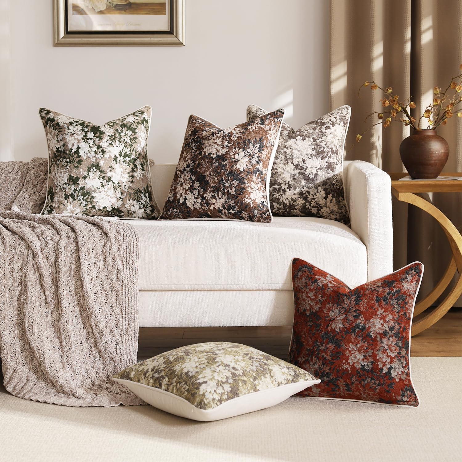 Pack of 2 Vintage Floral Throw Pillow Covers 20x20 Boho Farmhouse Accents Chenille Square Decorative Pillow Cases for Living Room Couch Bed Home Decor, Dark Brown