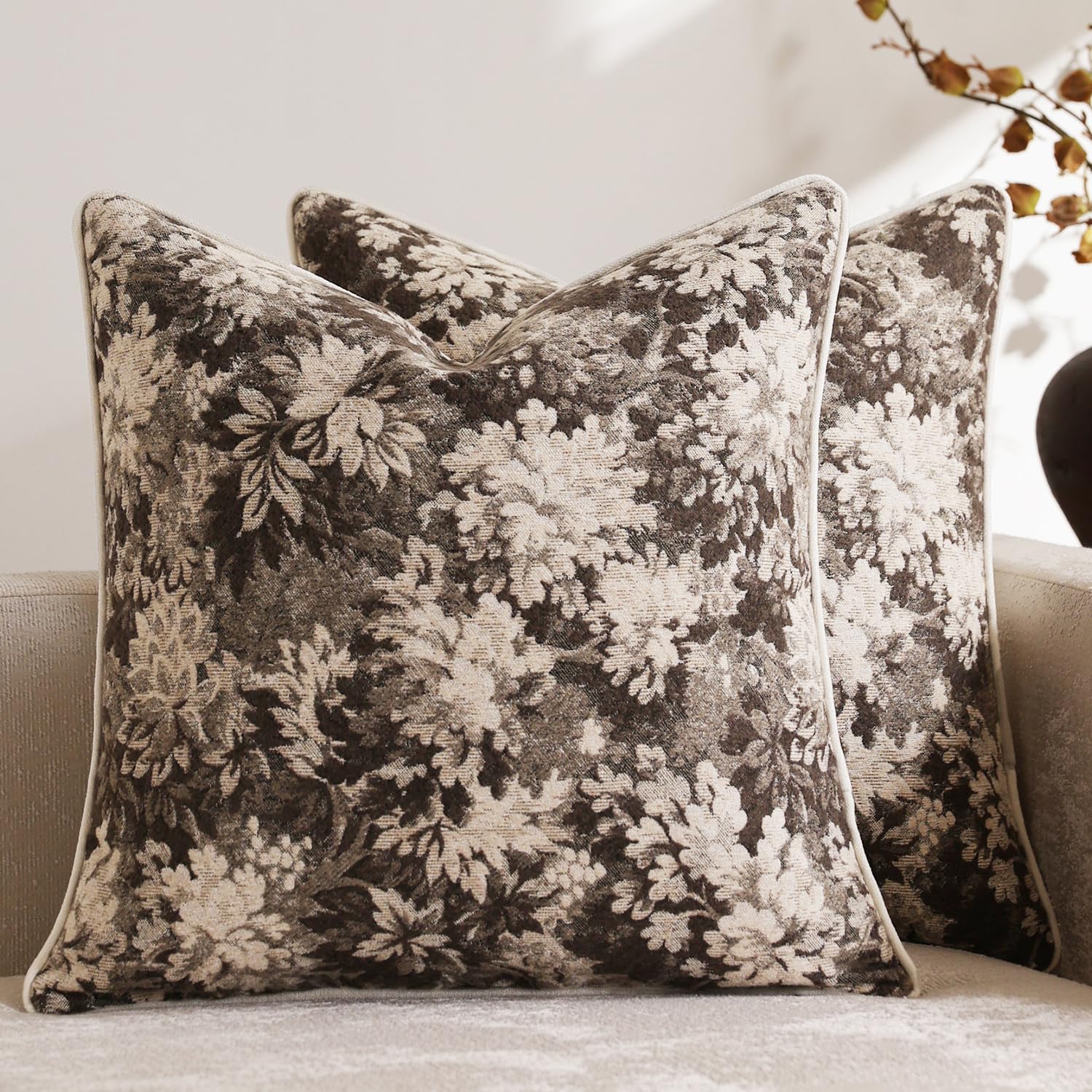 Pack of 2 Vintage Floral Throw Pillow Covers 20x20 Boho Farmhouse Accents Chenille Square Decorative Pillow Cases for Living Room Couch Bed Home Decor, Dark Brown