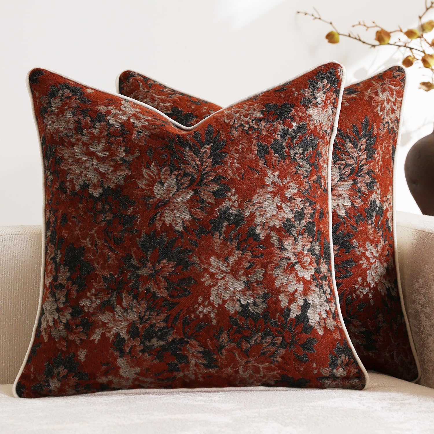 Pack of 2 Vintage Floral Throw Pillow Covers 20x20 Boho Farmhouse Accents Chenille Square Decorative Pillow Cases for Living Room Couch Bed Home Decor, Dark Brown