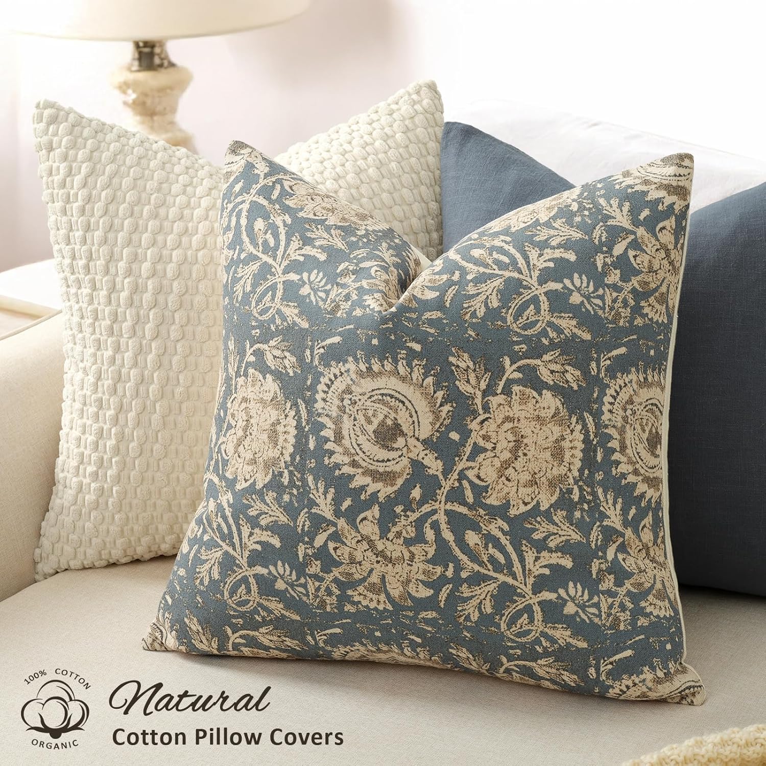 Vintage Floral Print Throw Pillow Covers 24x24 Set of 2 Neutral Modern Farmhouse Pillowcases Accent Decorative Cushion Covers Boho Home Decor for Couch Sofa Chair Bed Living Room, Dusty Blue