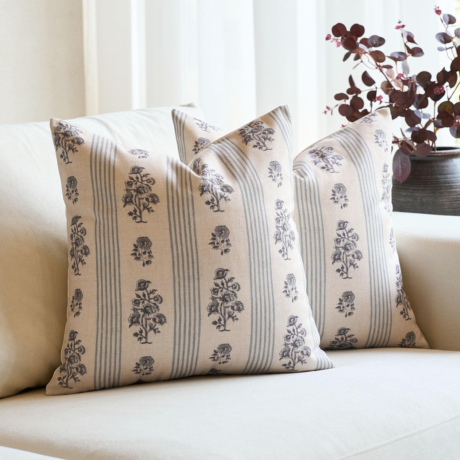 Amor Virisso Floral Throw Pillow Covers 20x20 Set of 2 Block Print Pillow Covers Neutral Floral Striped Farmhouse Decorative Pillow Covers for Sofa Couch Bed, Brown