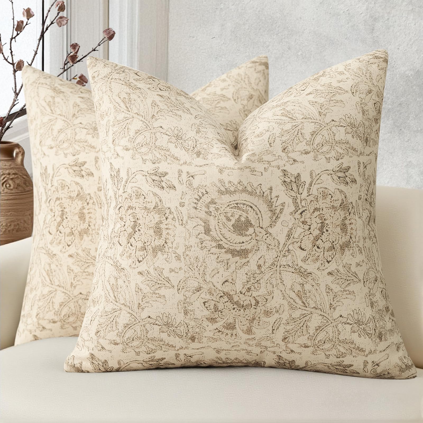 Vintage Floral Print Throw Pillow Covers 24x24 Set of 2 Neutral Modern Farmhouse Pillowcases Accent Decorative Cushion Covers Boho Home Decor for Couch Sofa Chair Bed Living Room, Dusty Blue