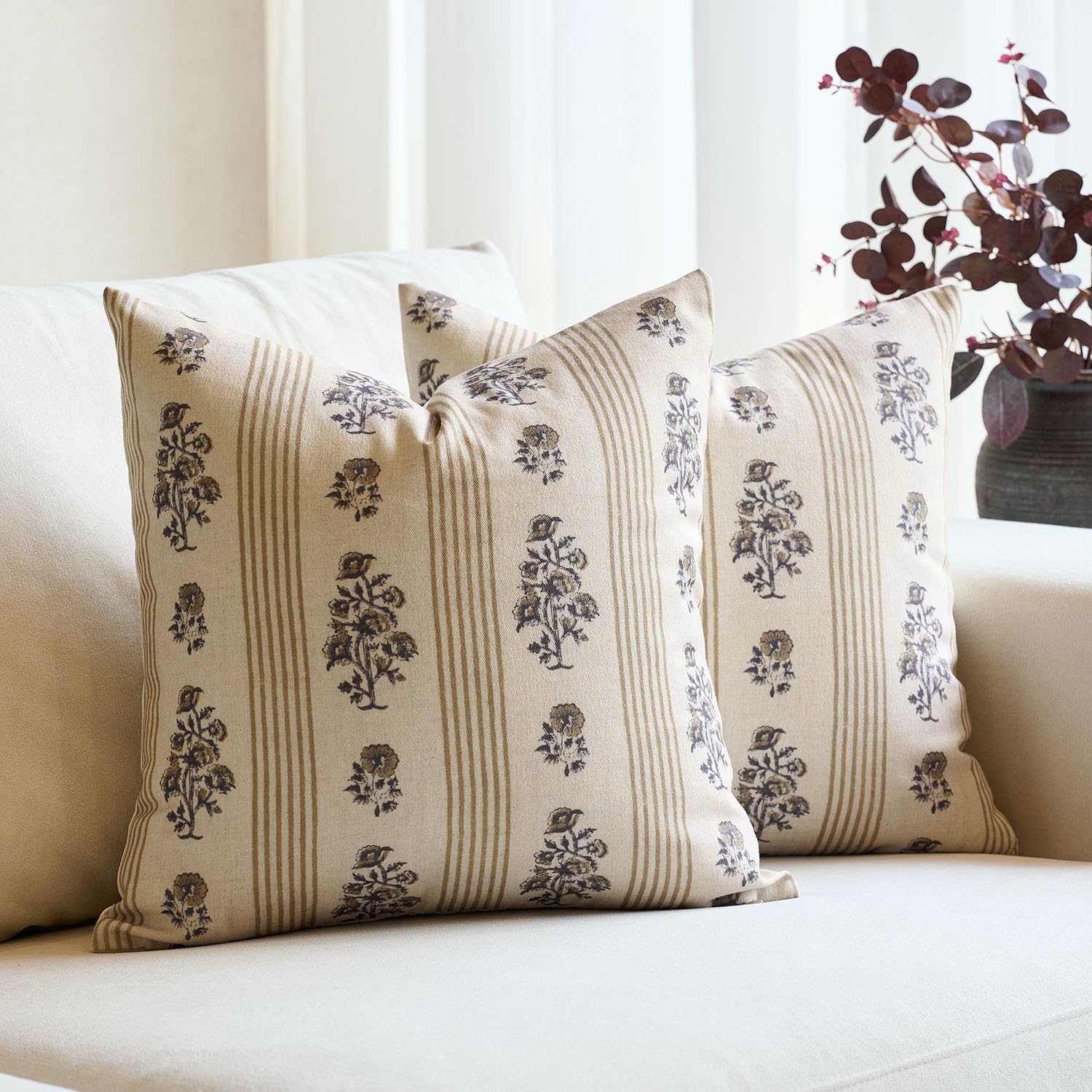 Amor Virisso Floral Throw Pillow Covers 20x20 Set of 2 Block Print Pillow Covers Neutral Floral Striped Farmhouse Decorative Pillow Covers for Sofa Couch Bed, Brown