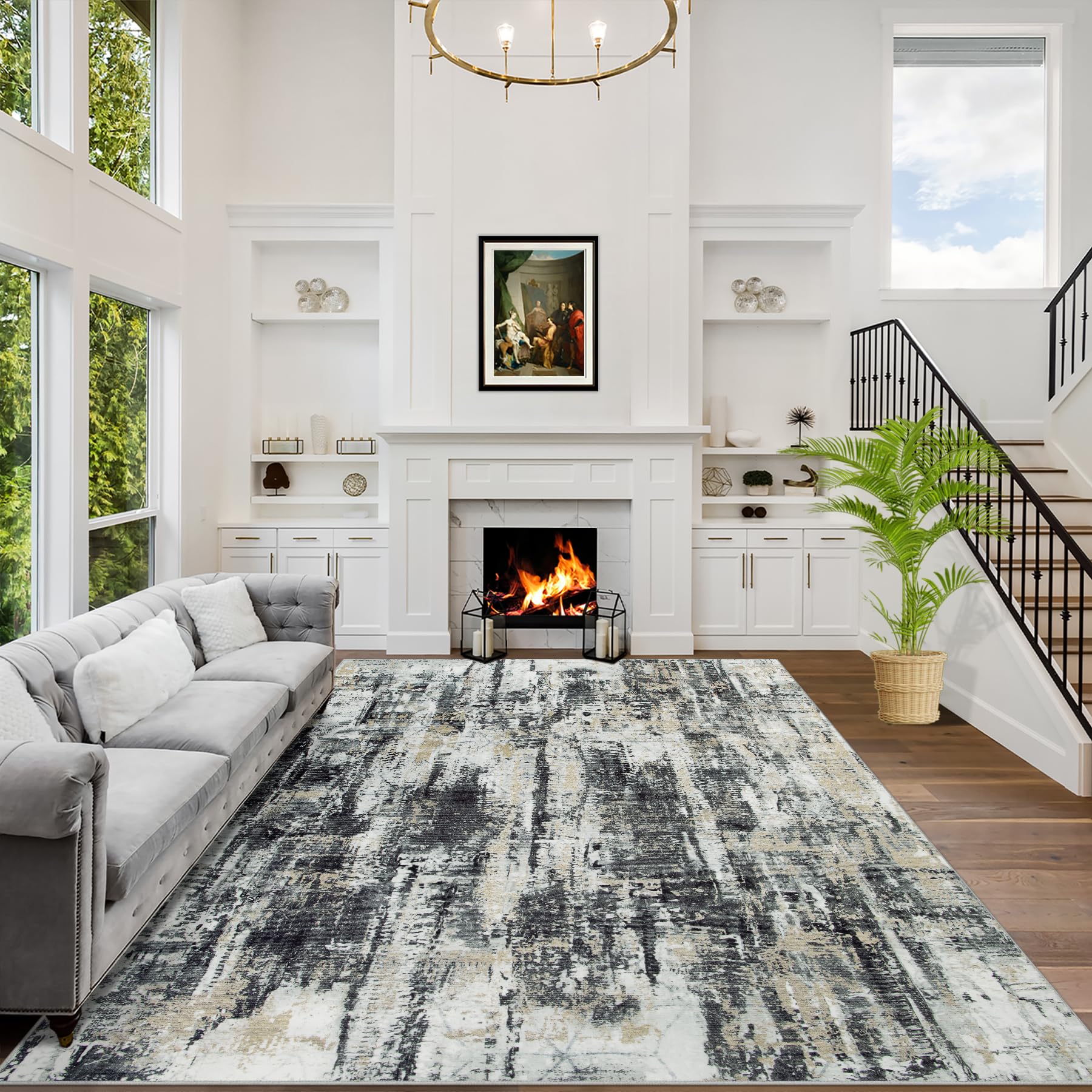 8x10 Area Rugs Washable Rug: Large Modern Abstract Living Room Rug Soft Anti-Skid Thin Carpet Indoor Floor Non-Shedding Carpets for Bedroom Dining Farmhouse Nursery Home Office Black Grey Gold