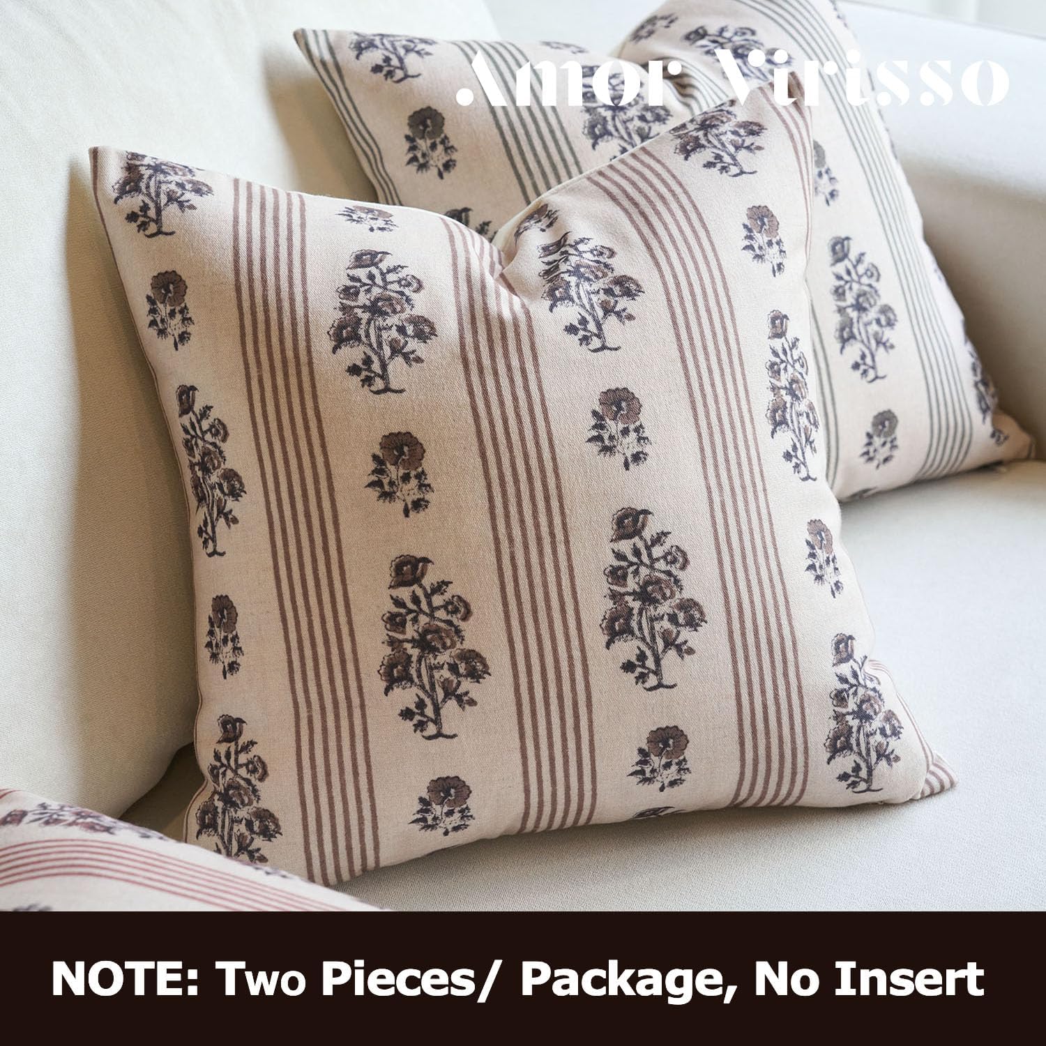 Amor Virisso Floral Throw Pillow Covers 20x20 Set of 2 Block Print Pillow Covers Neutral Floral Striped Farmhouse Decorative Pillow Covers for Sofa Couch Bed, Brown