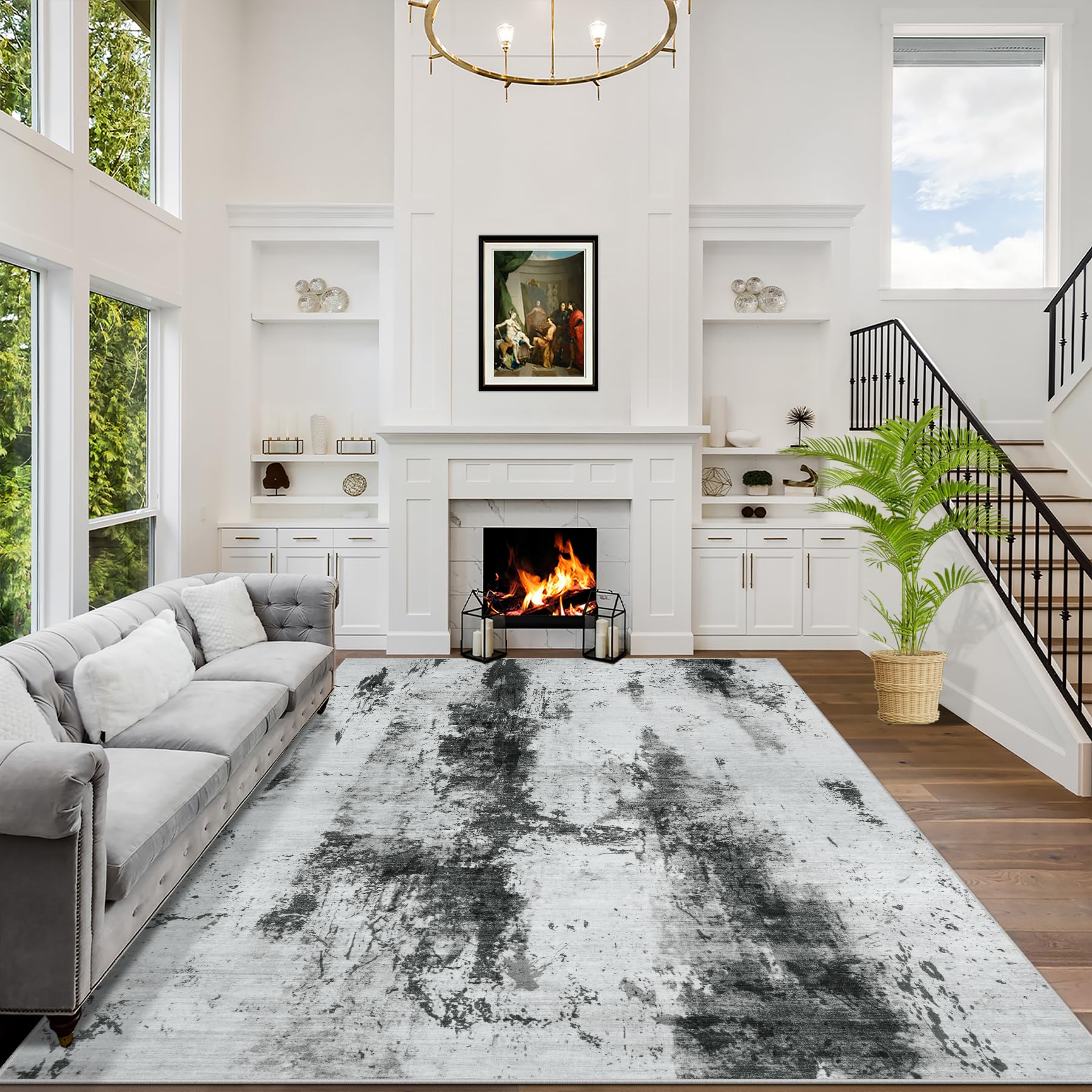 8x10 Area Rugs Washable Rug: Large Modern Abstract Living Room Rug Soft Anti-Skid Thin Carpet Indoor Floor Non-Shedding Carpets for Bedroom Dining Farmhouse Nursery Home Office Black Grey Gold
