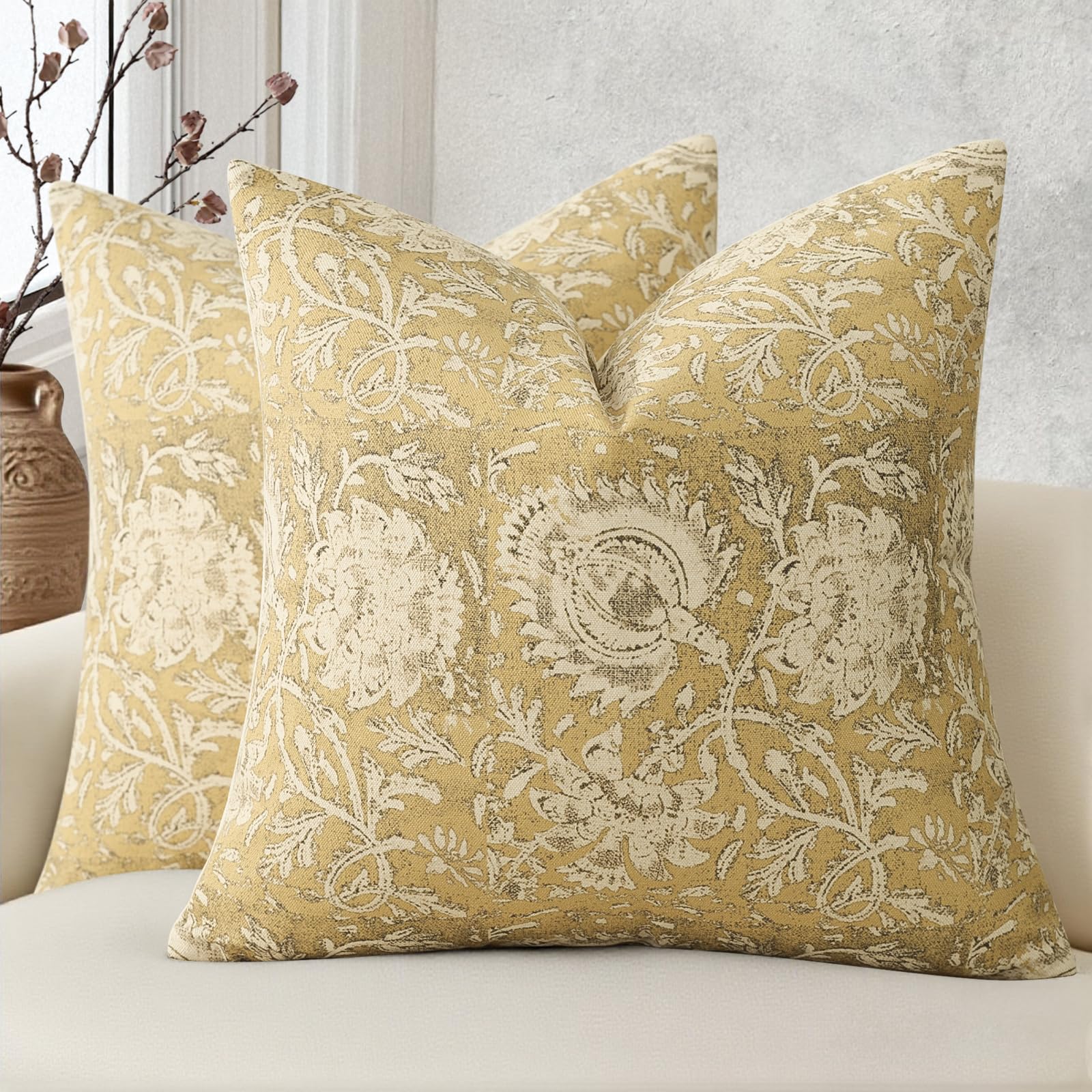 Vintage Floral Print Throw Pillow Covers 24x24 Set of 2 Neutral Modern Farmhouse Pillowcases Accent Decorative Cushion Covers Boho Home Decor for Couch Sofa Chair Bed Living Room, Dusty Blue