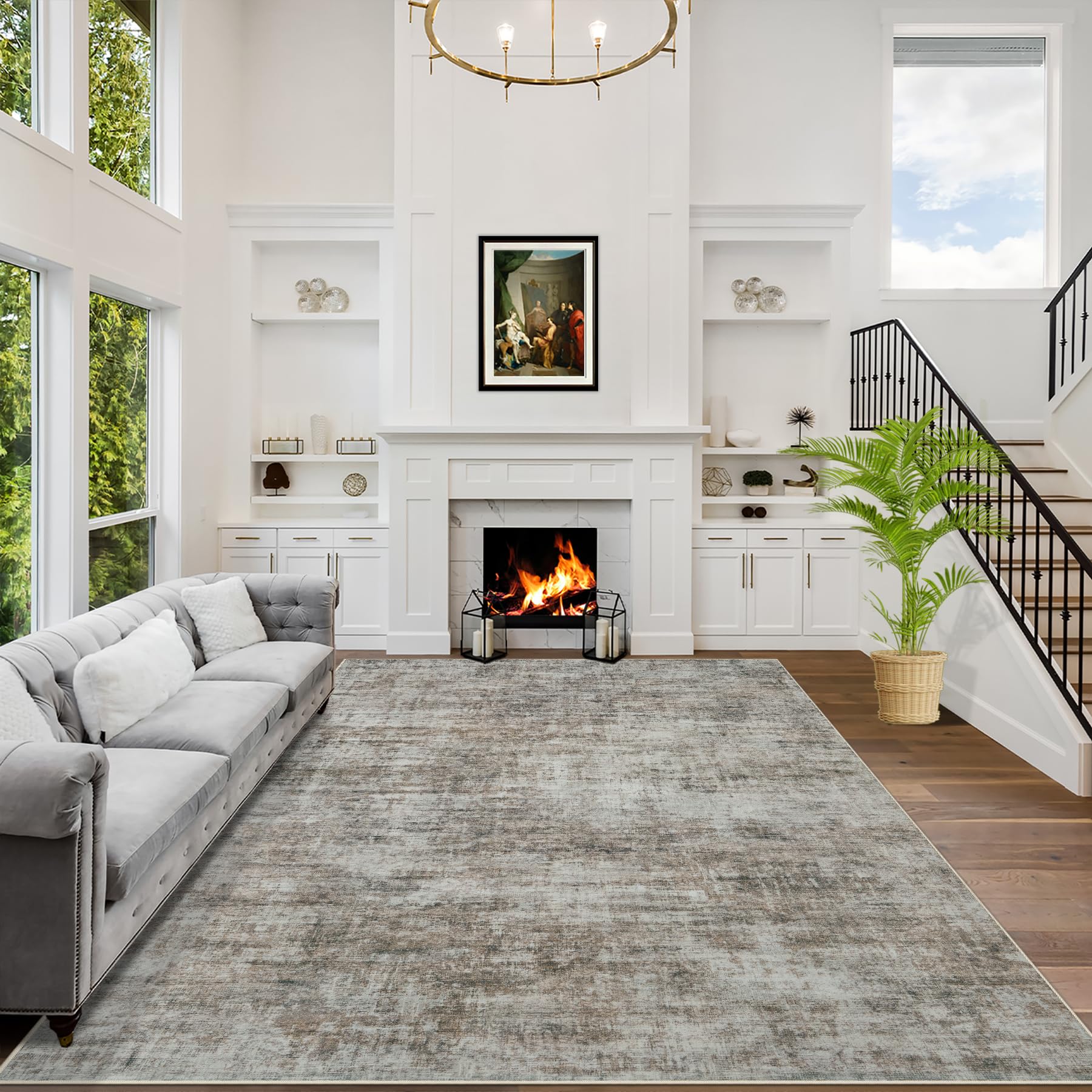 8x10 Area Rugs Washable Rug: Large Modern Abstract Living Room Rug Soft Anti-Skid Thin Carpet Indoor Floor Non-Shedding Carpets for Bedroom Dining Farmhouse Nursery Home Office Black Grey Gold