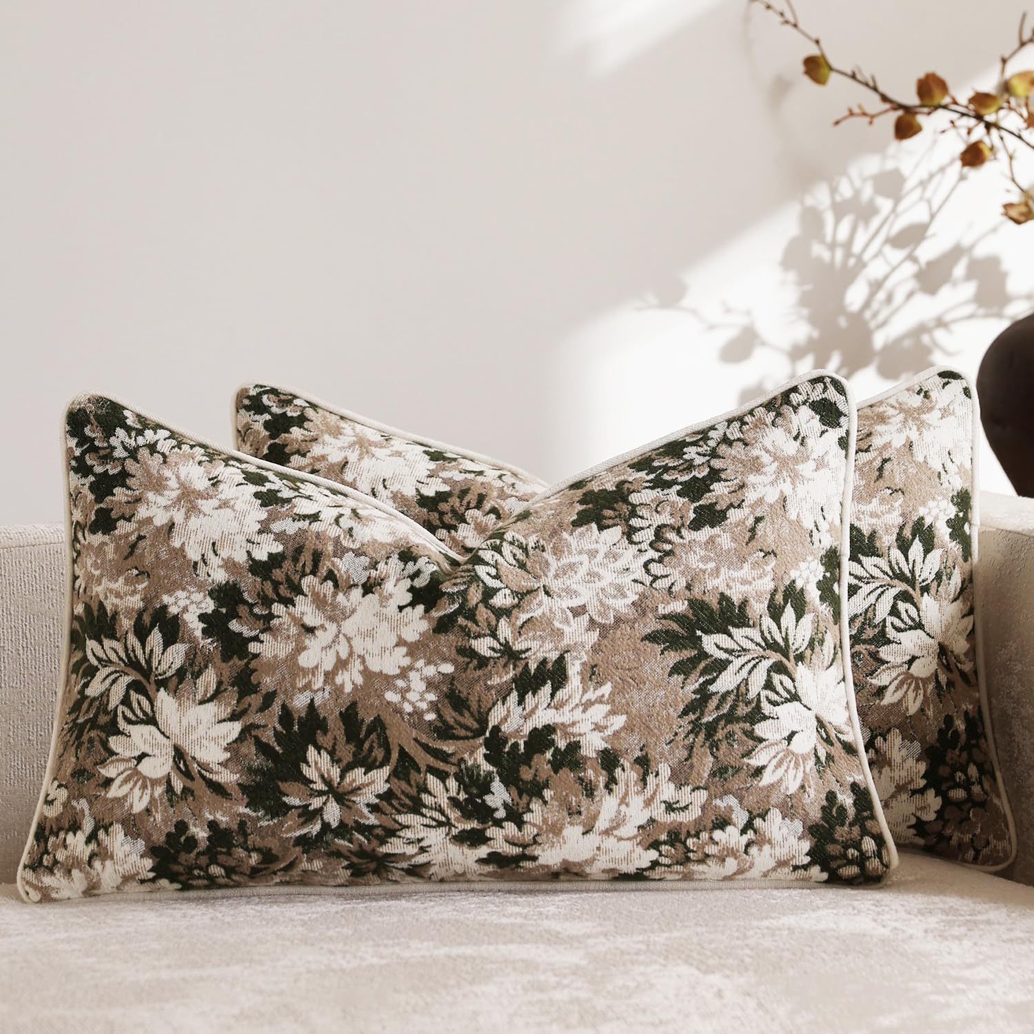 Pack of 2 Vintage Floral Throw Pillow Covers 20x20 Boho Farmhouse Accents Chenille Square Decorative Pillow Cases for Living Room Couch Bed Home Decor, Dark Brown