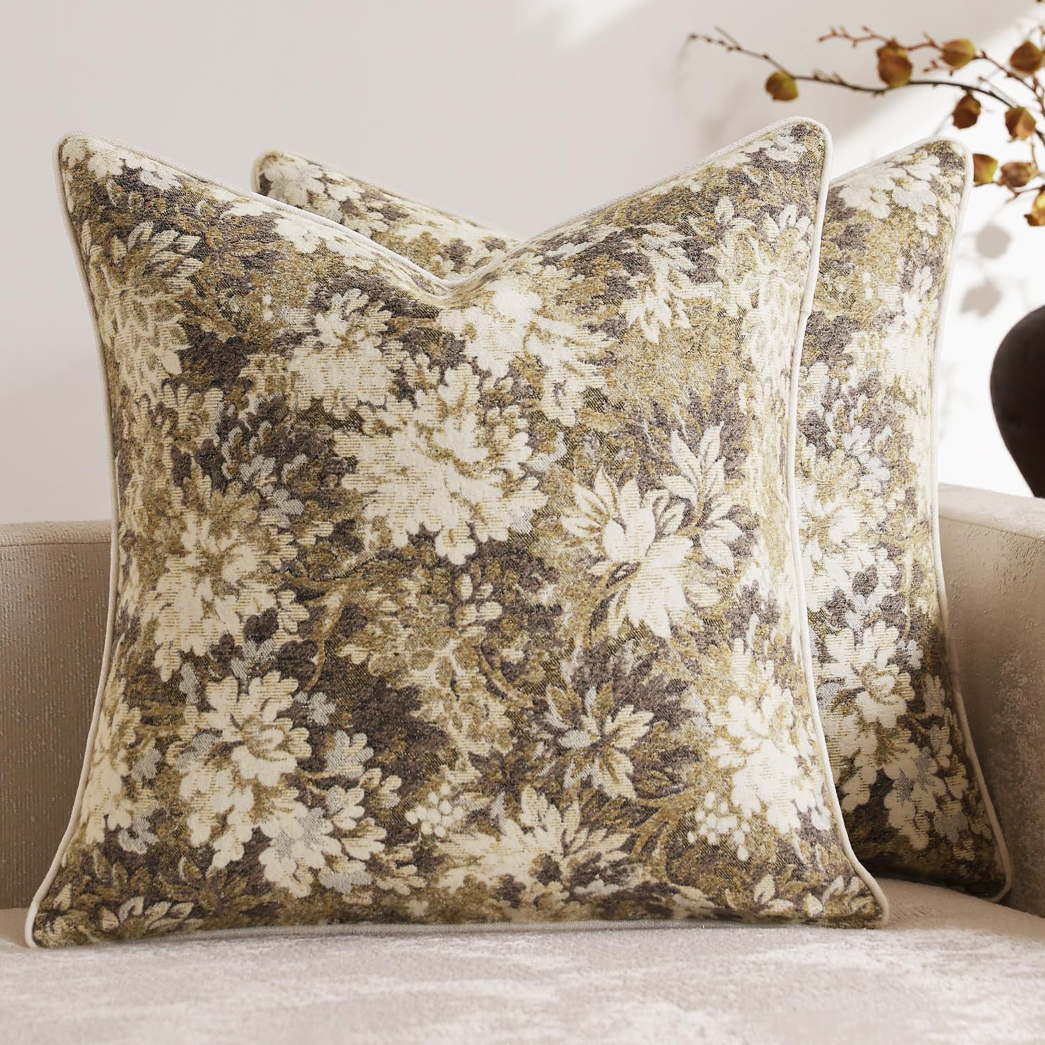 Pack of 2 Vintage Floral Throw Pillow Covers 20x20 Boho Farmhouse Accents Chenille Square Decorative Pillow Cases for Living Room Couch Bed Home Decor, Dark Brown