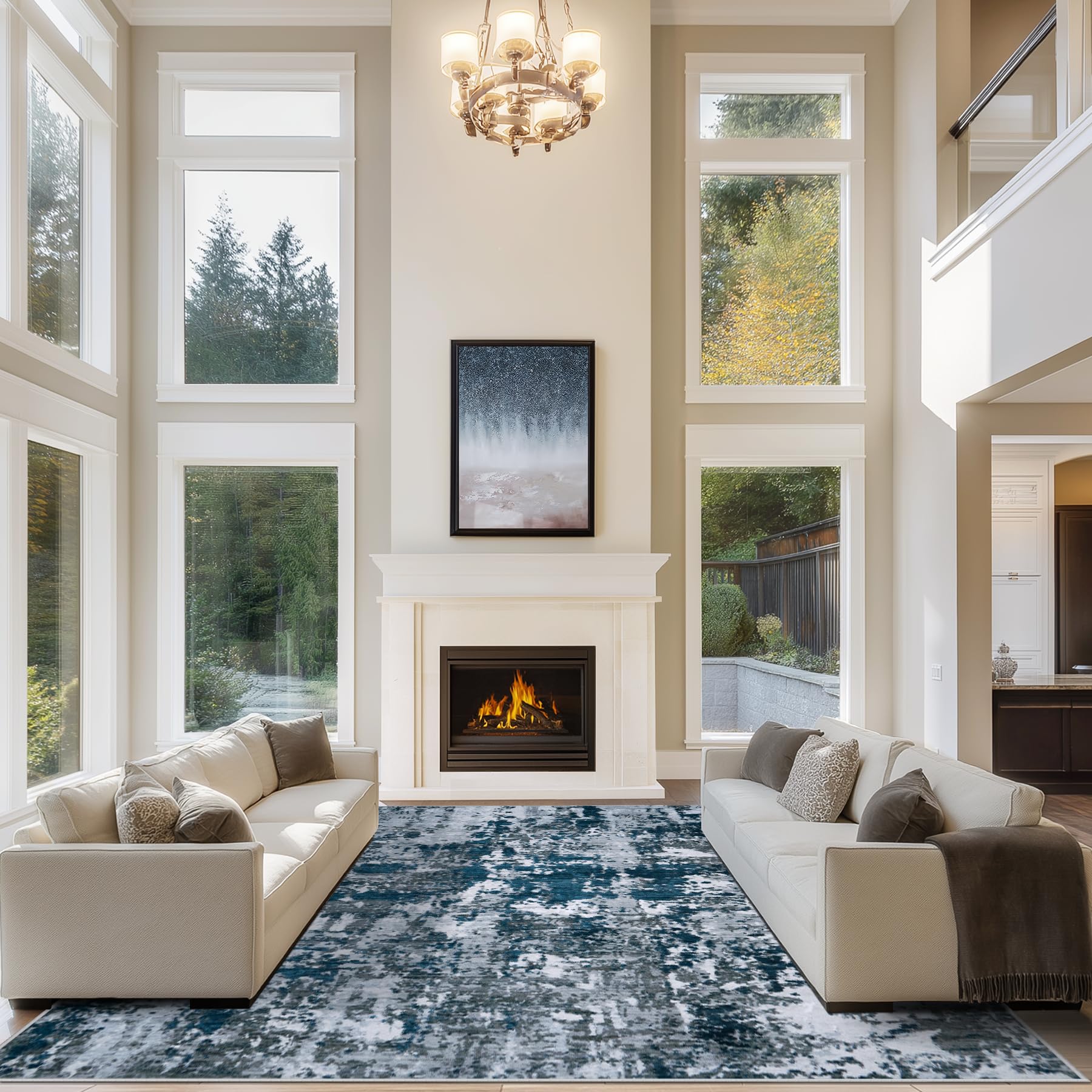 8x10 Area Rugs for Living Room Rug Washable: Abstract Large Rug for Dining Room Bedroom Carpet Non Slip 8 by 10 Indoor Modern Nursery Home Office Blue Grey