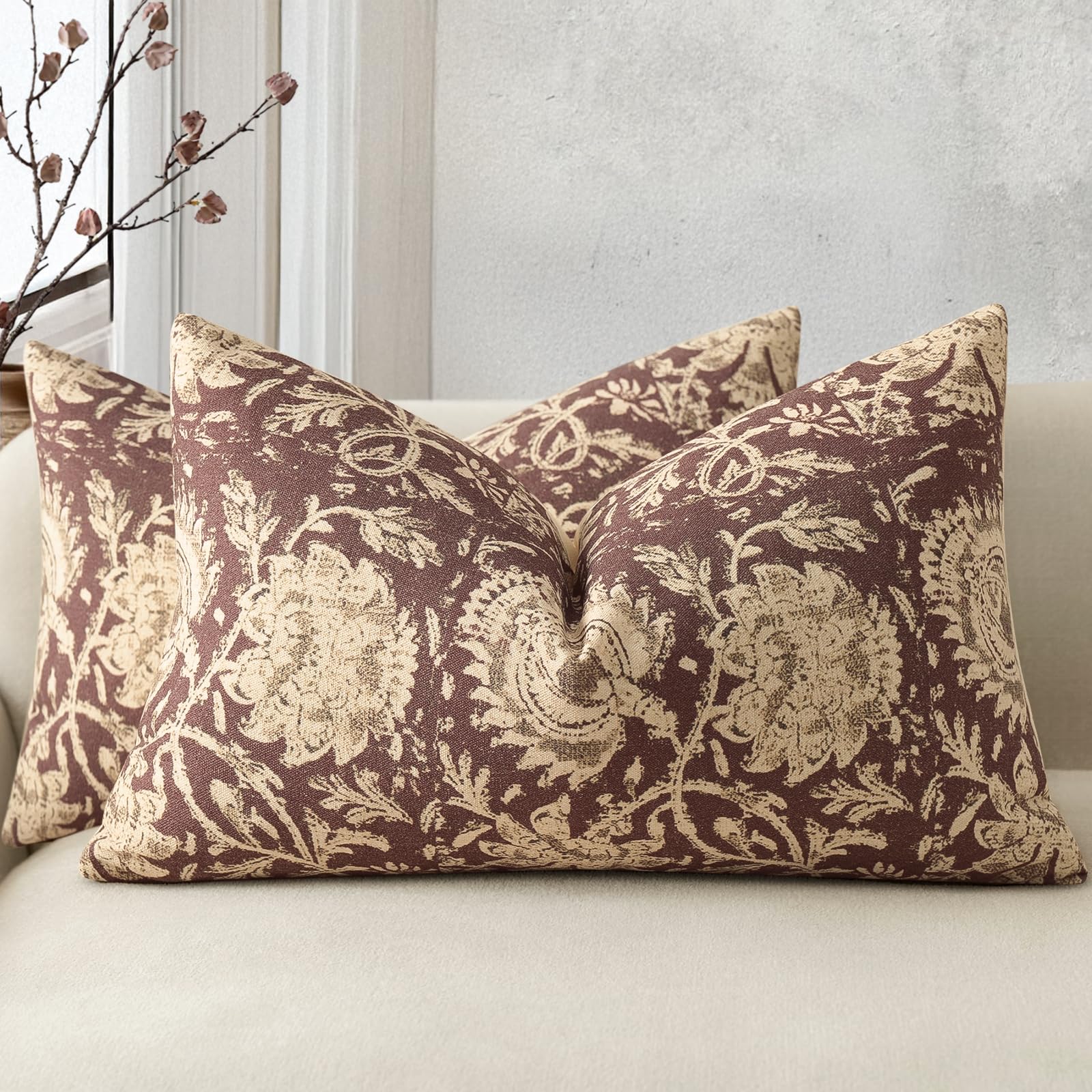 Vintage Floral Print Throw Pillow Covers 24x24 Set of 2 Neutral Modern Farmhouse Pillowcases Accent Decorative Cushion Covers Boho Home Decor for Couch Sofa Chair Bed Living Room, Dusty Blue