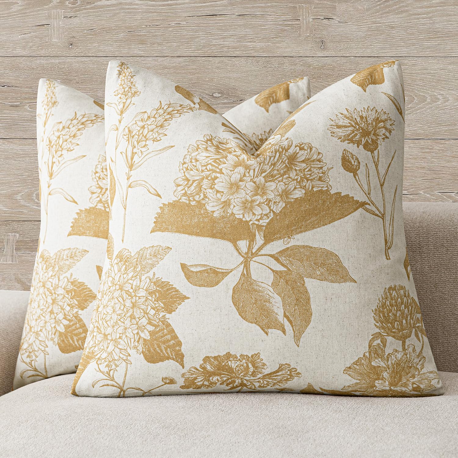 Foindtower Set of 2 Linen Floral Vintage Throw Pillow Covers Neutral Accent Print Decorative Cushion Covers Farmhouse Boho Home Decor for Sofa Chair Couch Bedroom Living Room,22×22 Inch,Blue