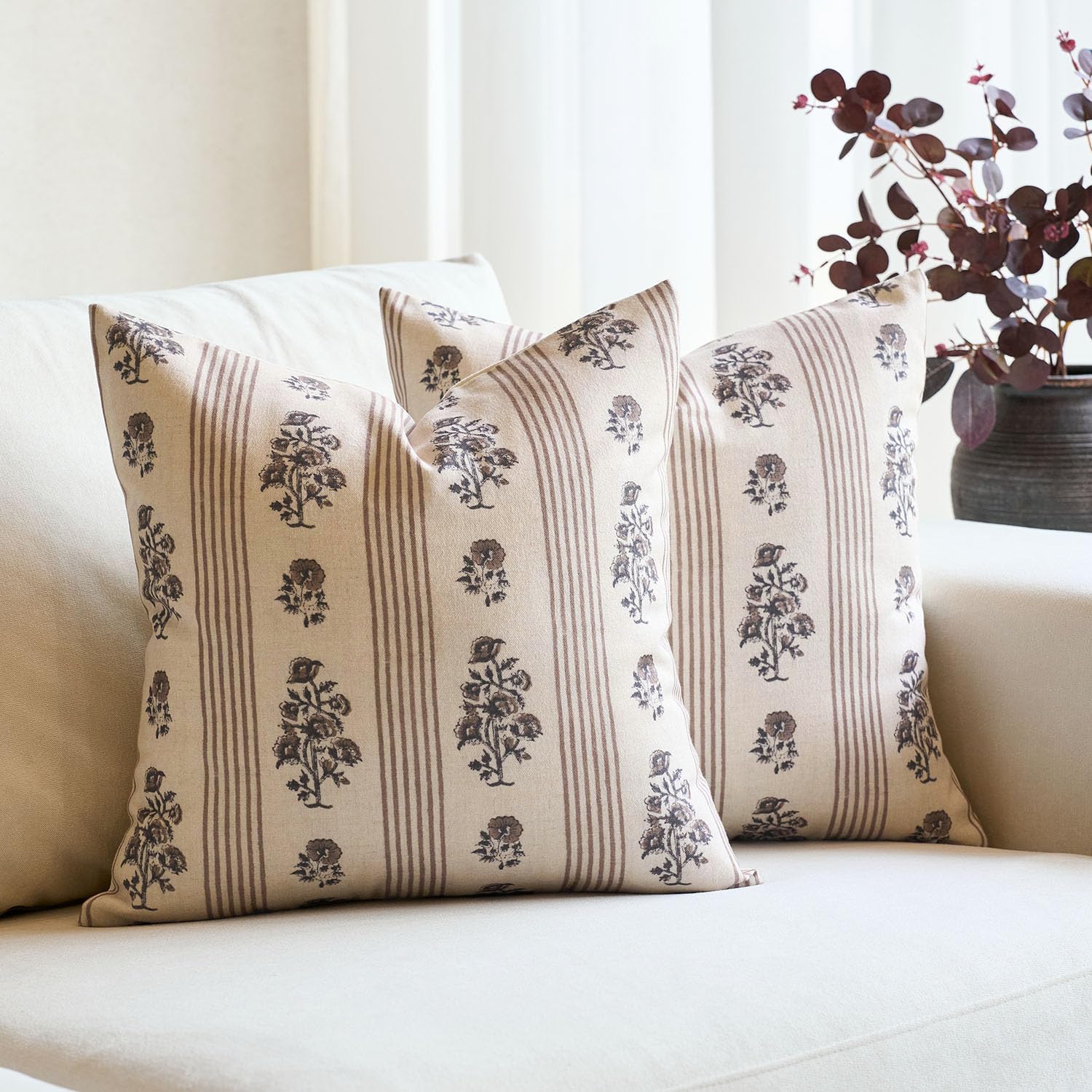 Amor Virisso Floral Throw Pillow Covers 20x20 Set of 2 Block Print Pillow Covers Neutral Floral Striped Farmhouse Decorative Pillow Covers for Sofa Couch Bed, Brown